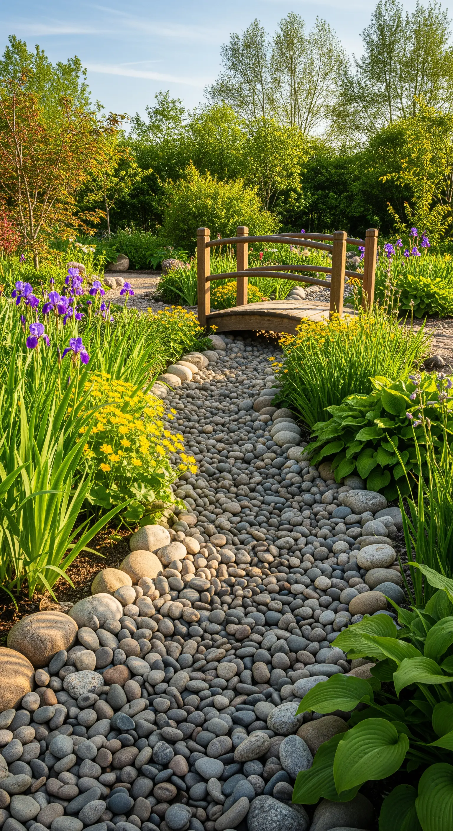 Kieselweg mit Flusssteinen, Holzbrücke, Iris und gelben Blumen