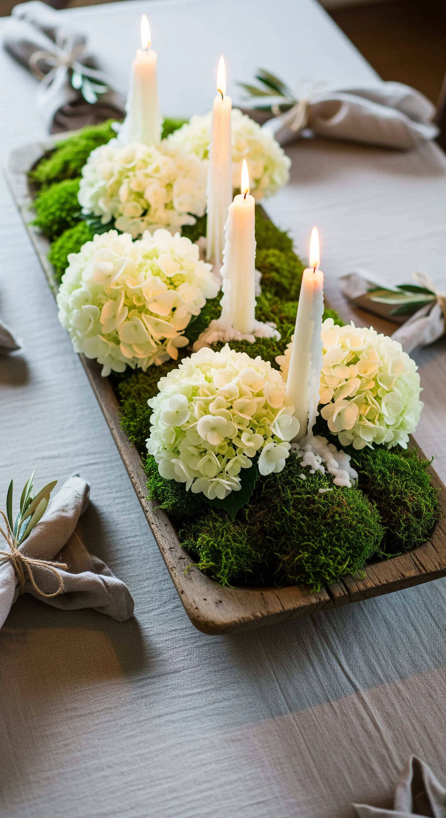 Holztrog mit Moos, weißen Hortensien und Kerzen als Tischdeko