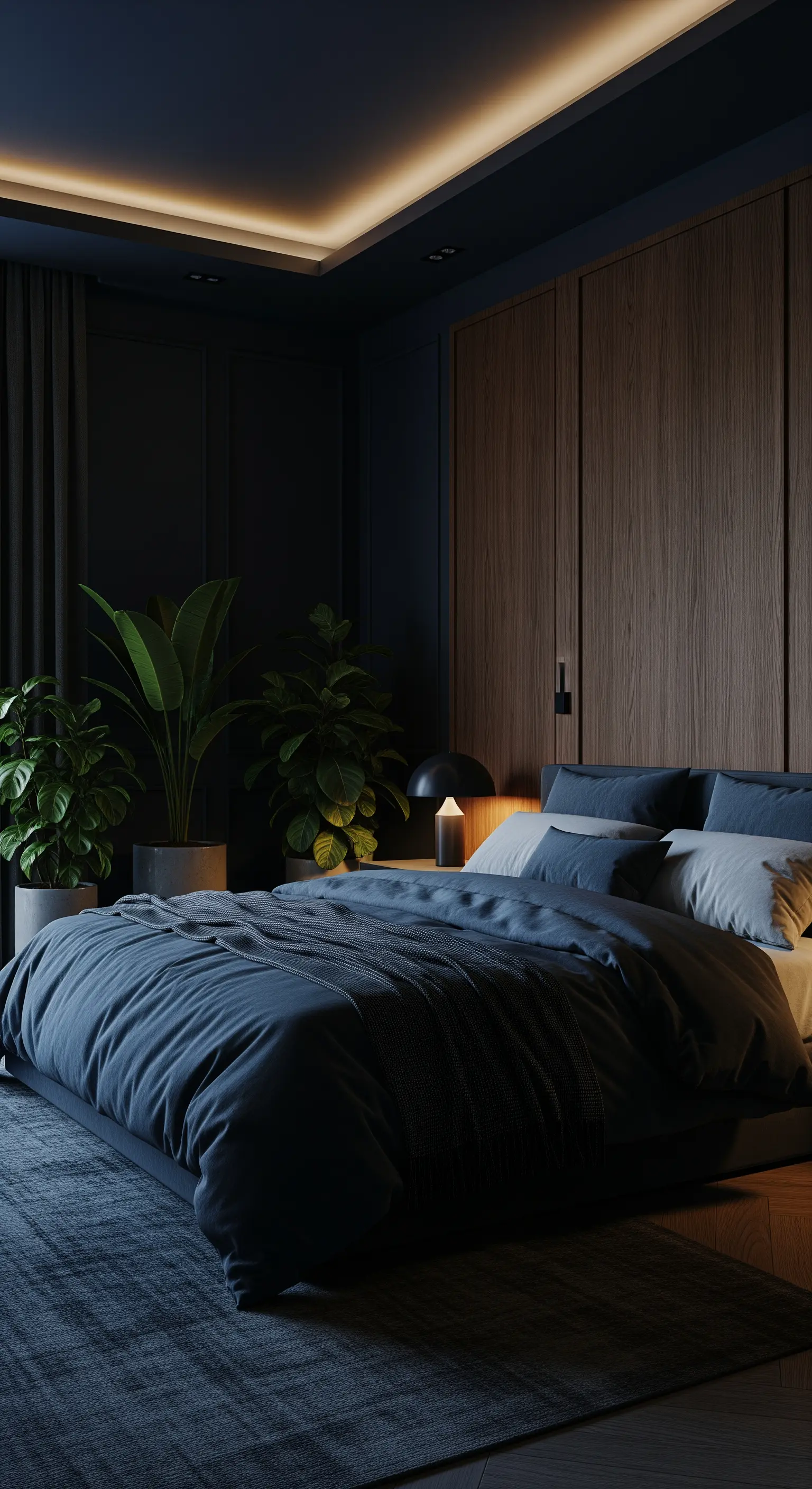 Nachtblaues Schlafzimmer mit Holzwand und Zimmerpflanzen