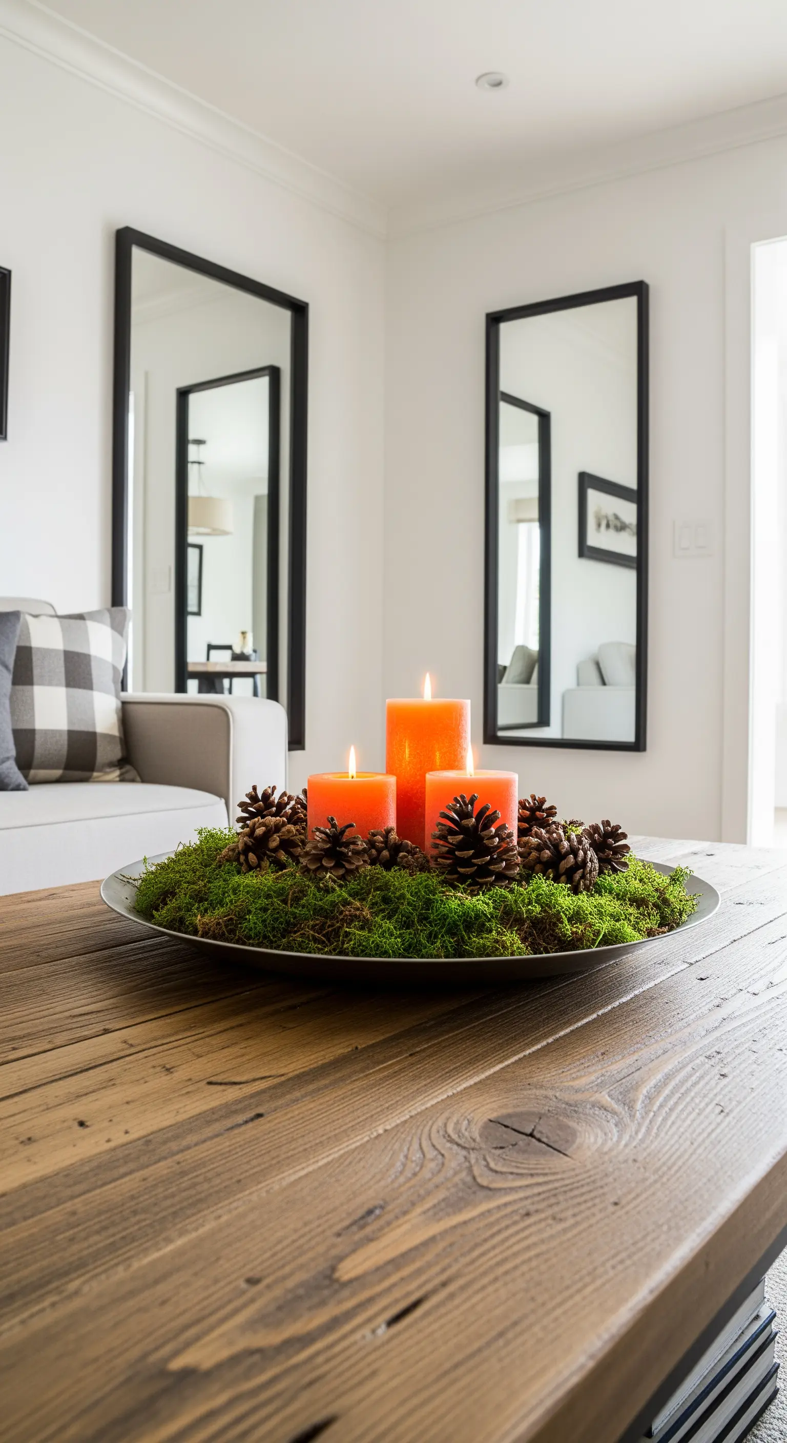 Holztisch mit Moos, Tannenzapfen und orangefarbenen Kerzen.