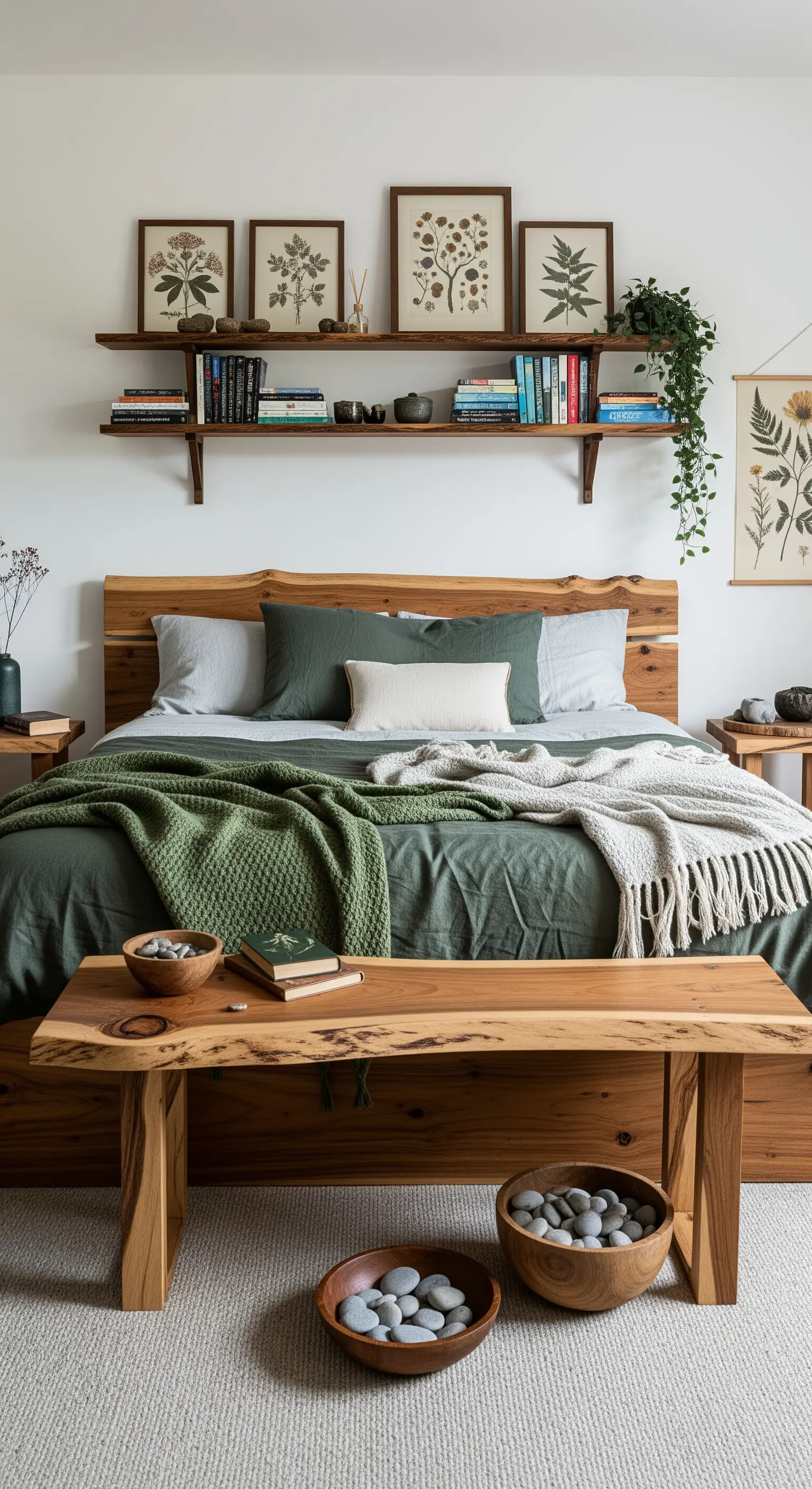 Schlafzimmer mit Massivholzbett, botanischen Bildern und Regalen über dem Kopfteil.