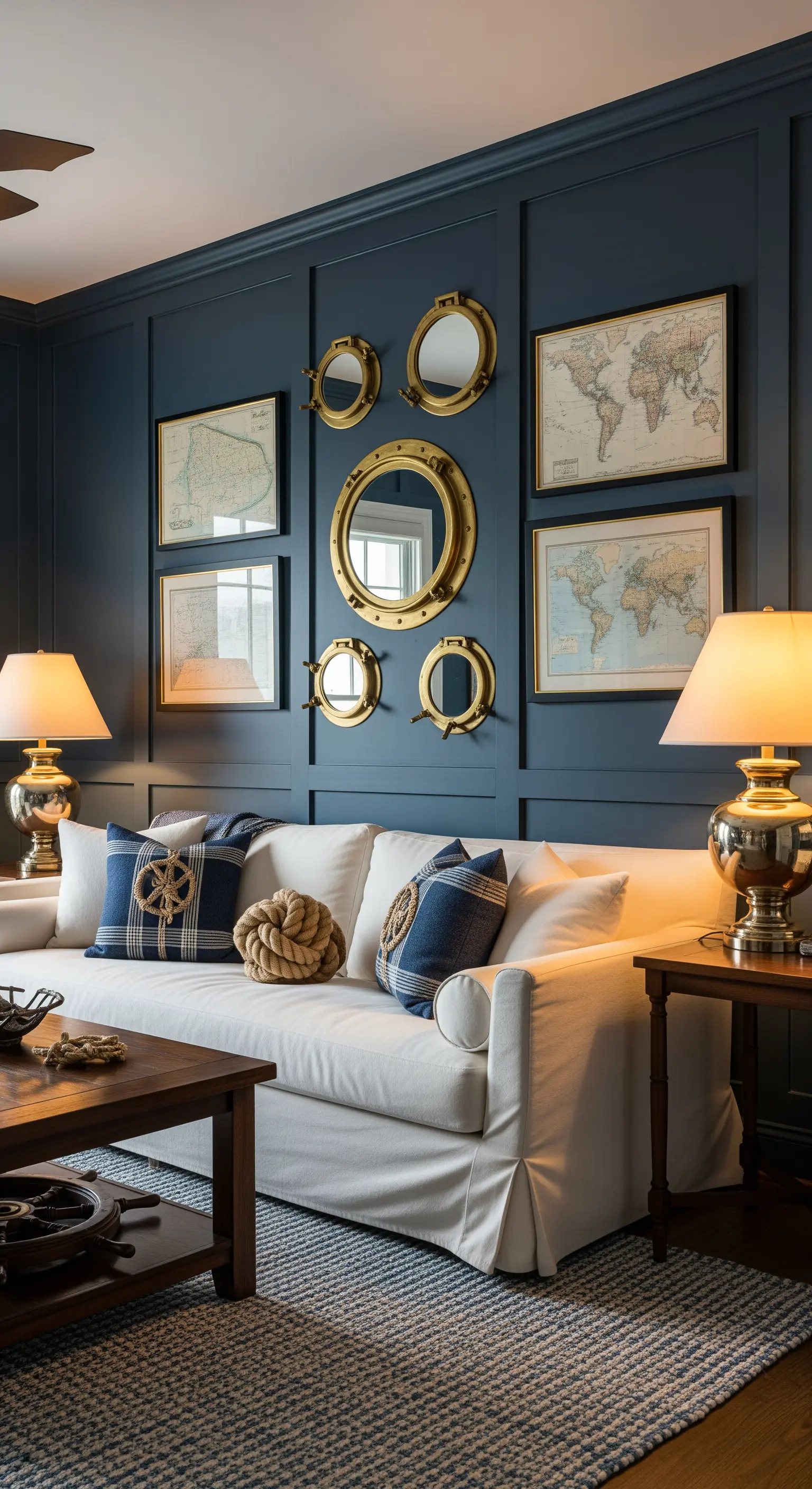 Nautisches Wohnzimmer, dunkelblaue Wandpaneele, Porthole-Spiegel, Seekarten