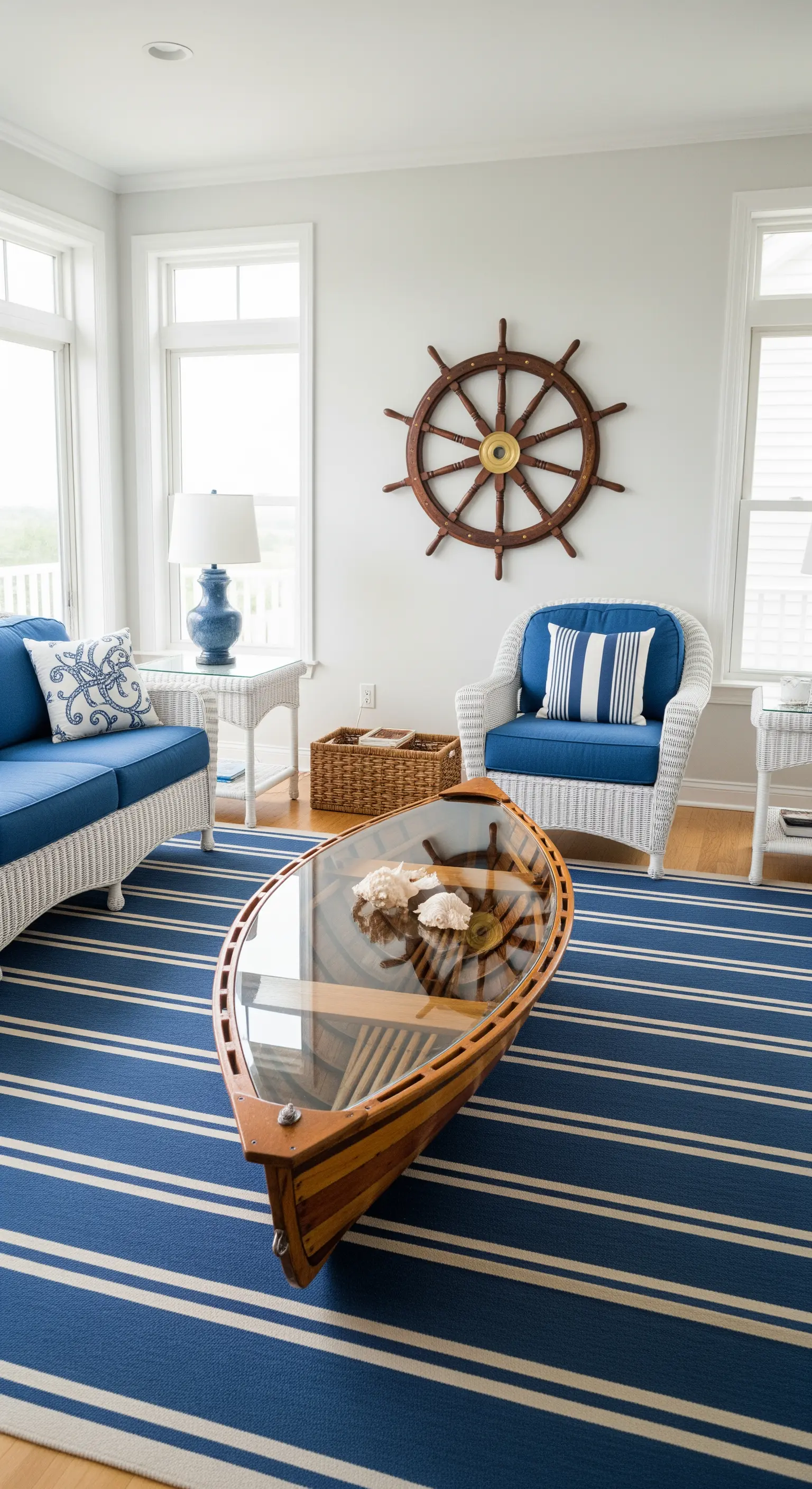 Nautisches Wohnzimmer mit Schiffsrad, Korbgeflechtmöbeln, Bootstisch und Streifenteppich.