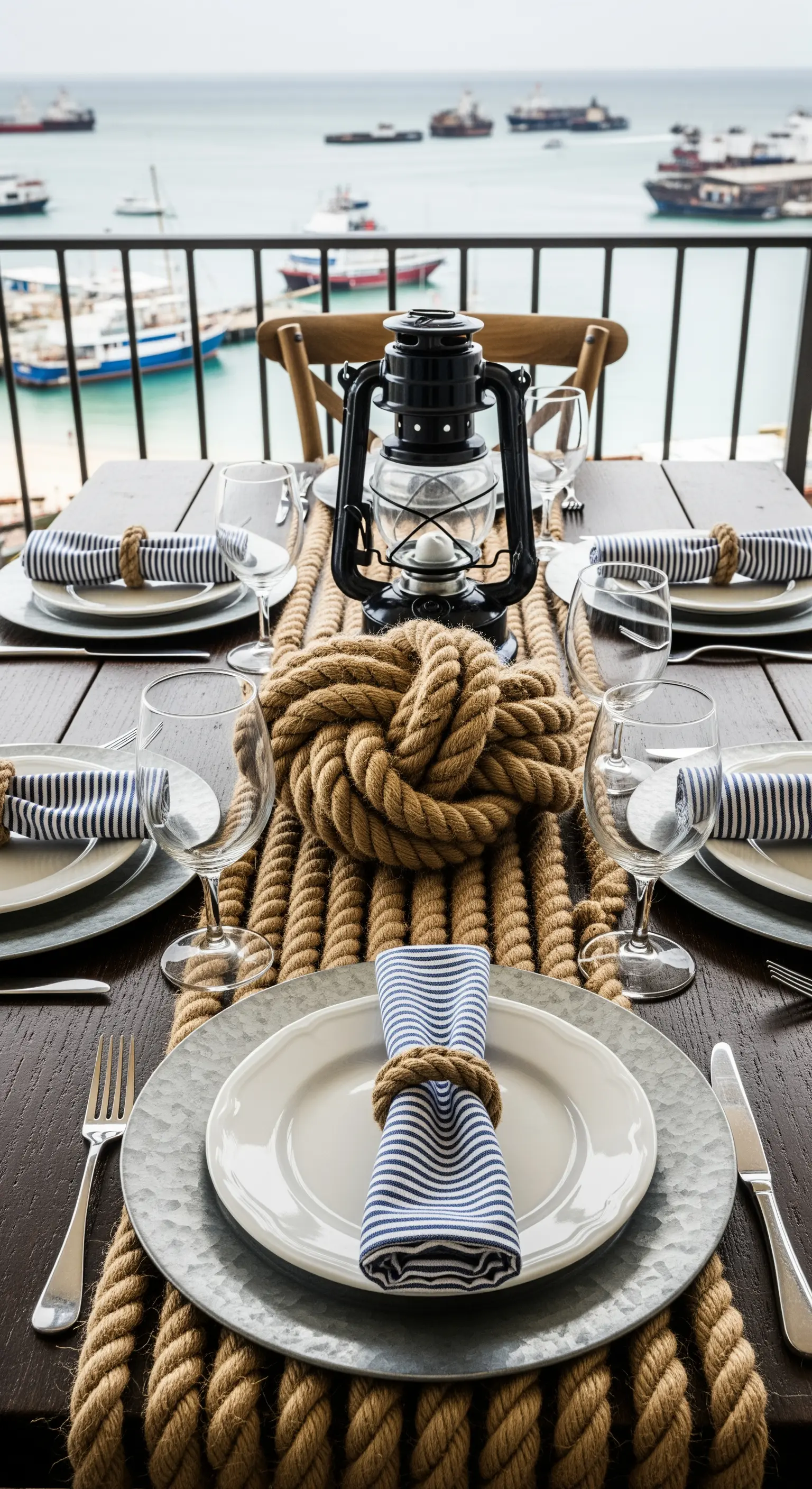 Tischdeko mit einem dicken Schiffstau als Tischläufer und einer Sturmlaterne.