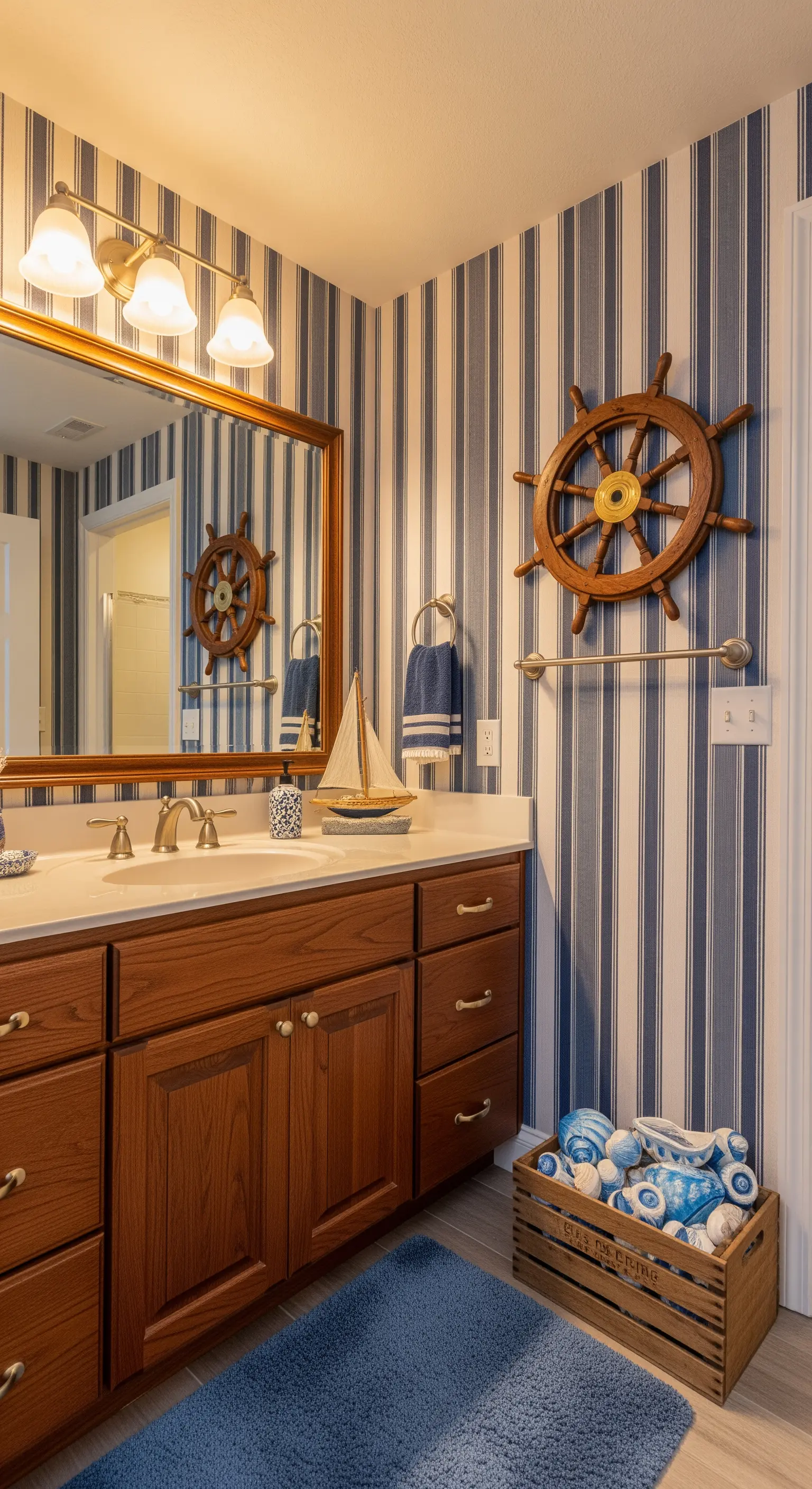 Badezimmer mit blau-weiß gestreifter Tapete, Holzwaschtisch, Steuerrad und Segelschiff-Deko.
