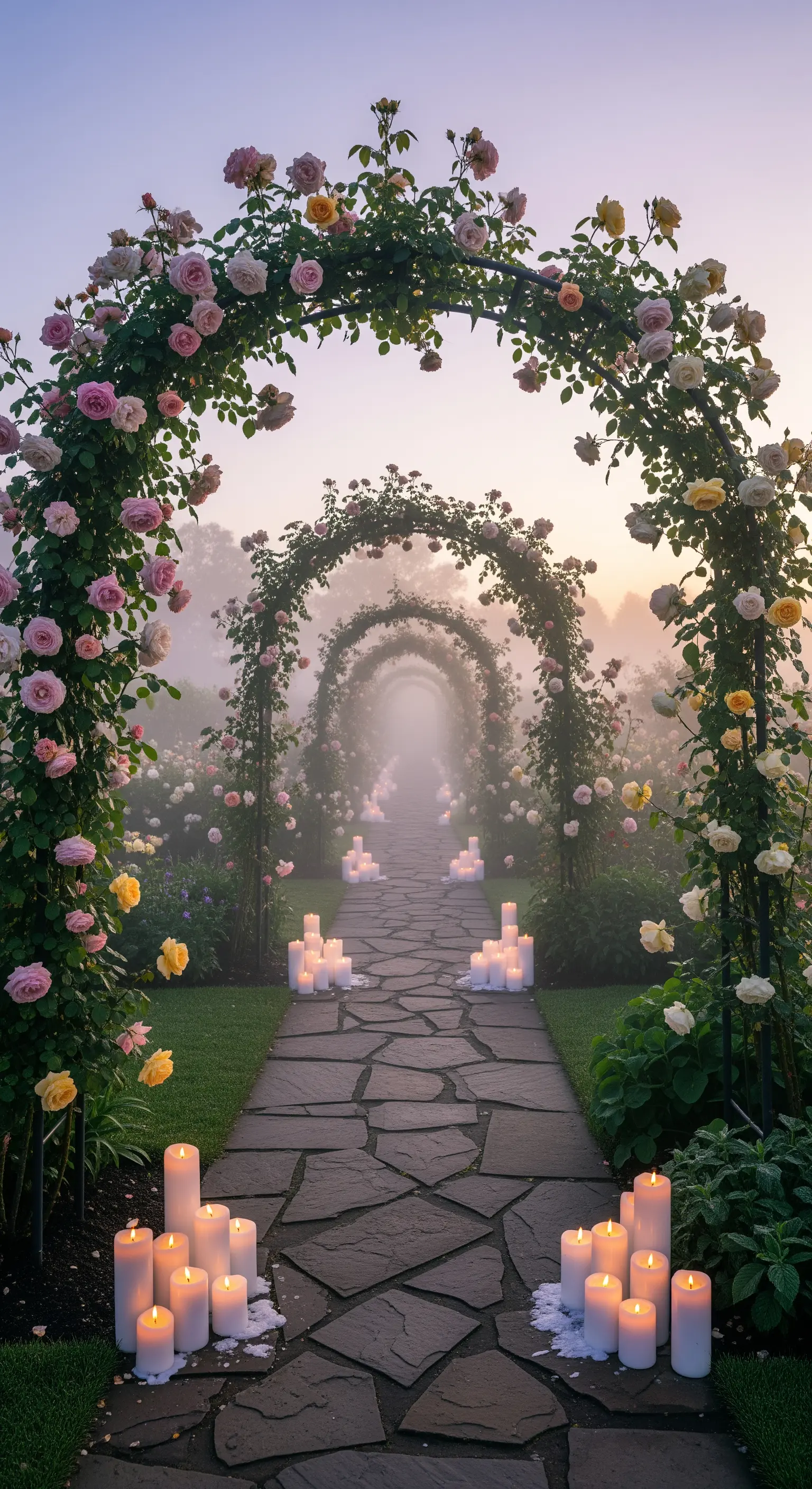 Steinpfad mit Rosenbögen, rosa und gelben Rosen, Kerzenlichtern im Nebel