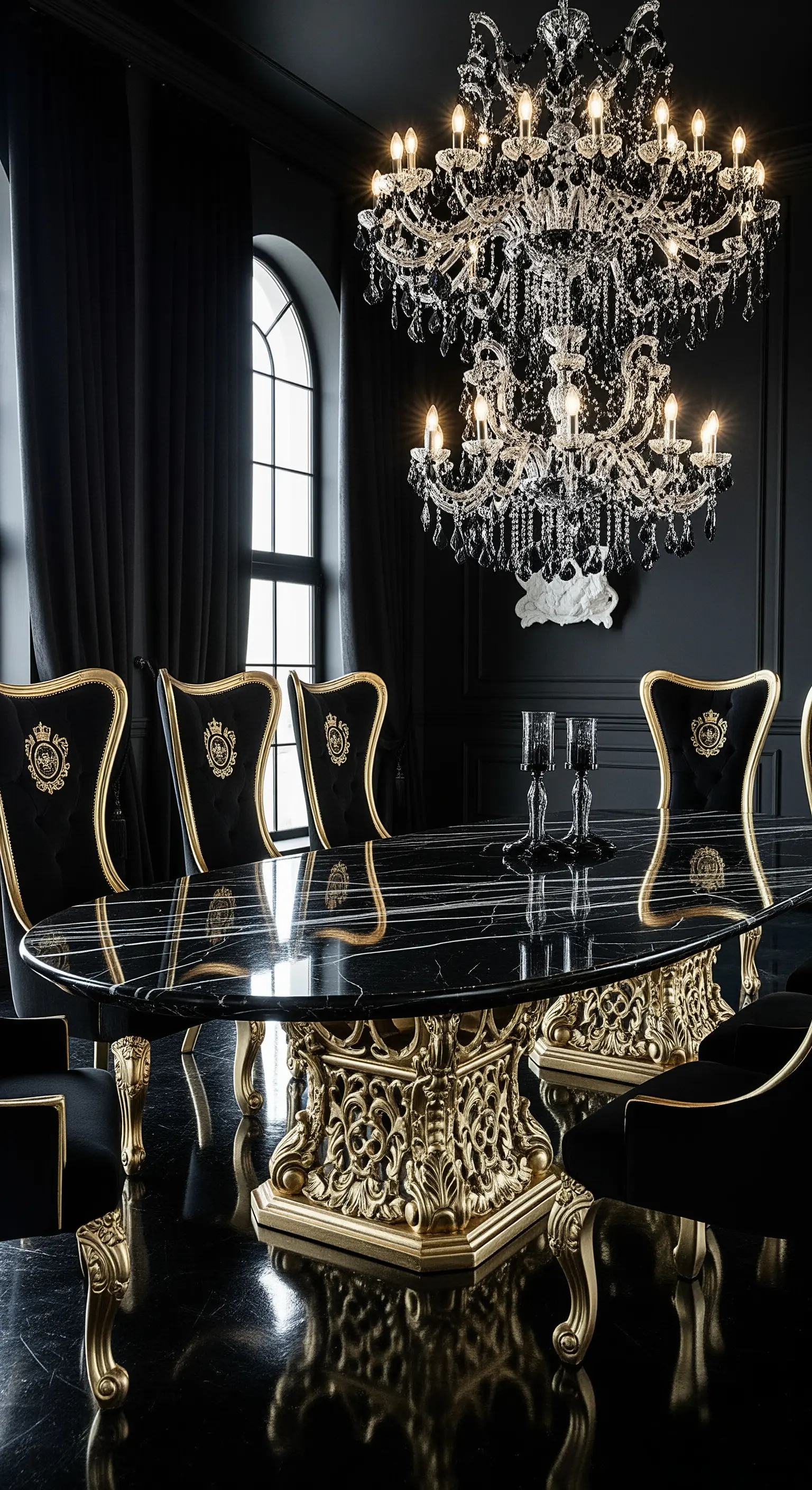 Opulenter schwarzer Esstisch mit vergoldetem Barockfuß und Kristall-Kronleuchter.