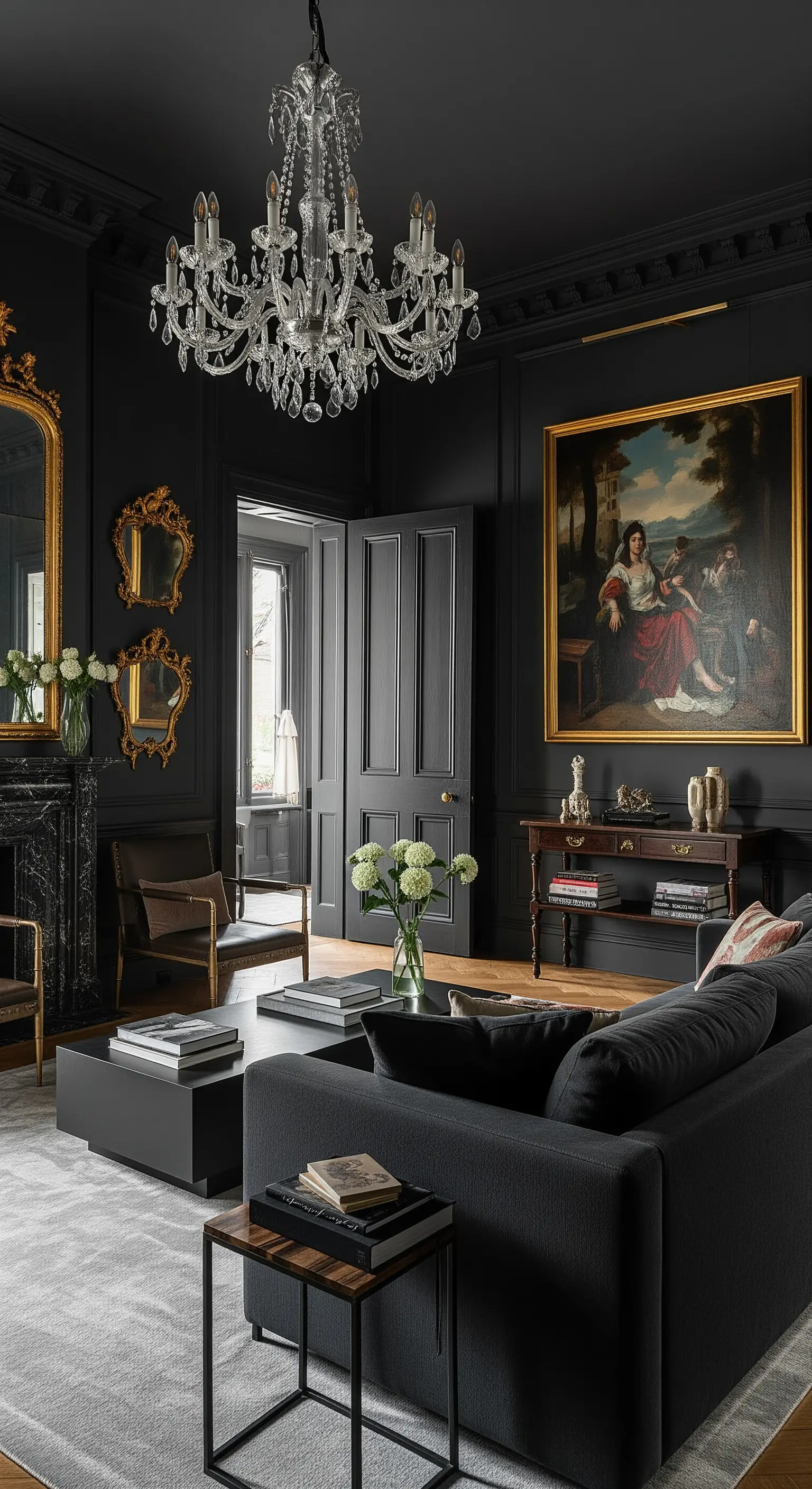 Dunkles, klassisches Wohnzimmer mit schwarzen Wänden, Goldrahmen, Kristallleuchter und großem Gemälde.