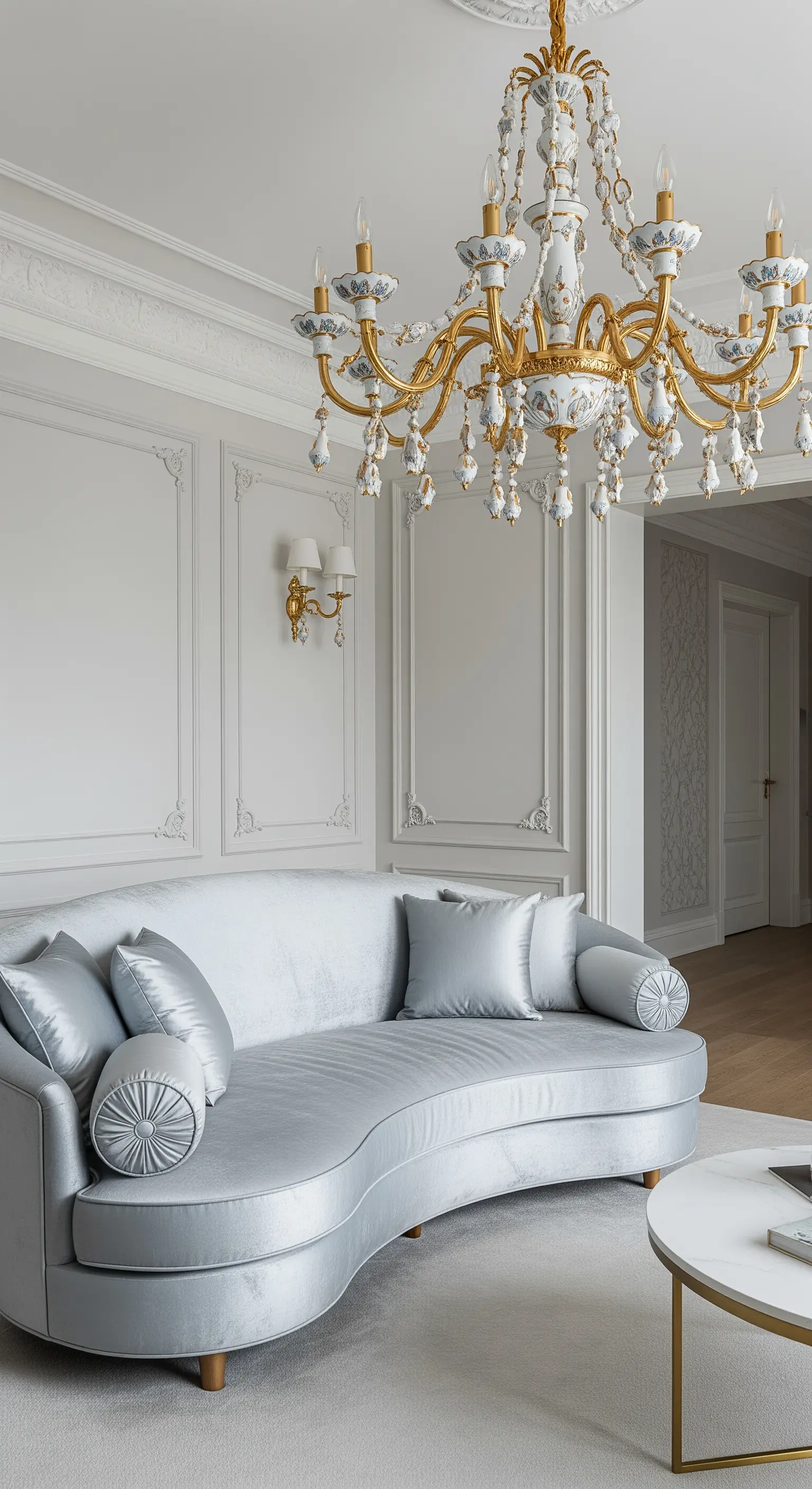 Silbergraues, geschwungenes Samtsofa in einem eleganten weissen Raum mit prunkvollem Leuchter.