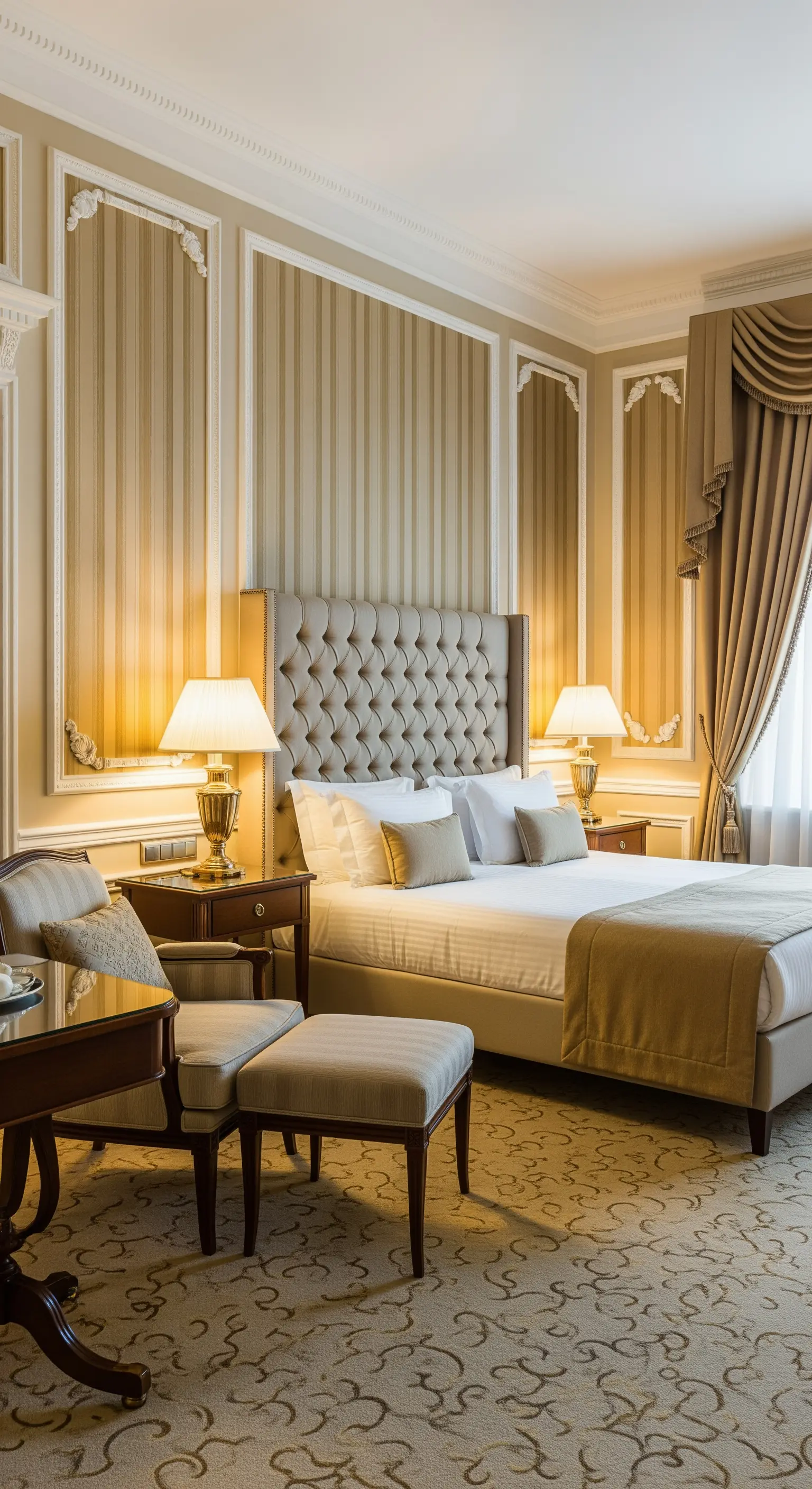 Luxuriöses Schlafzimmer im klassischen Stil mit gestreifter Tapete in Wandkassetten.