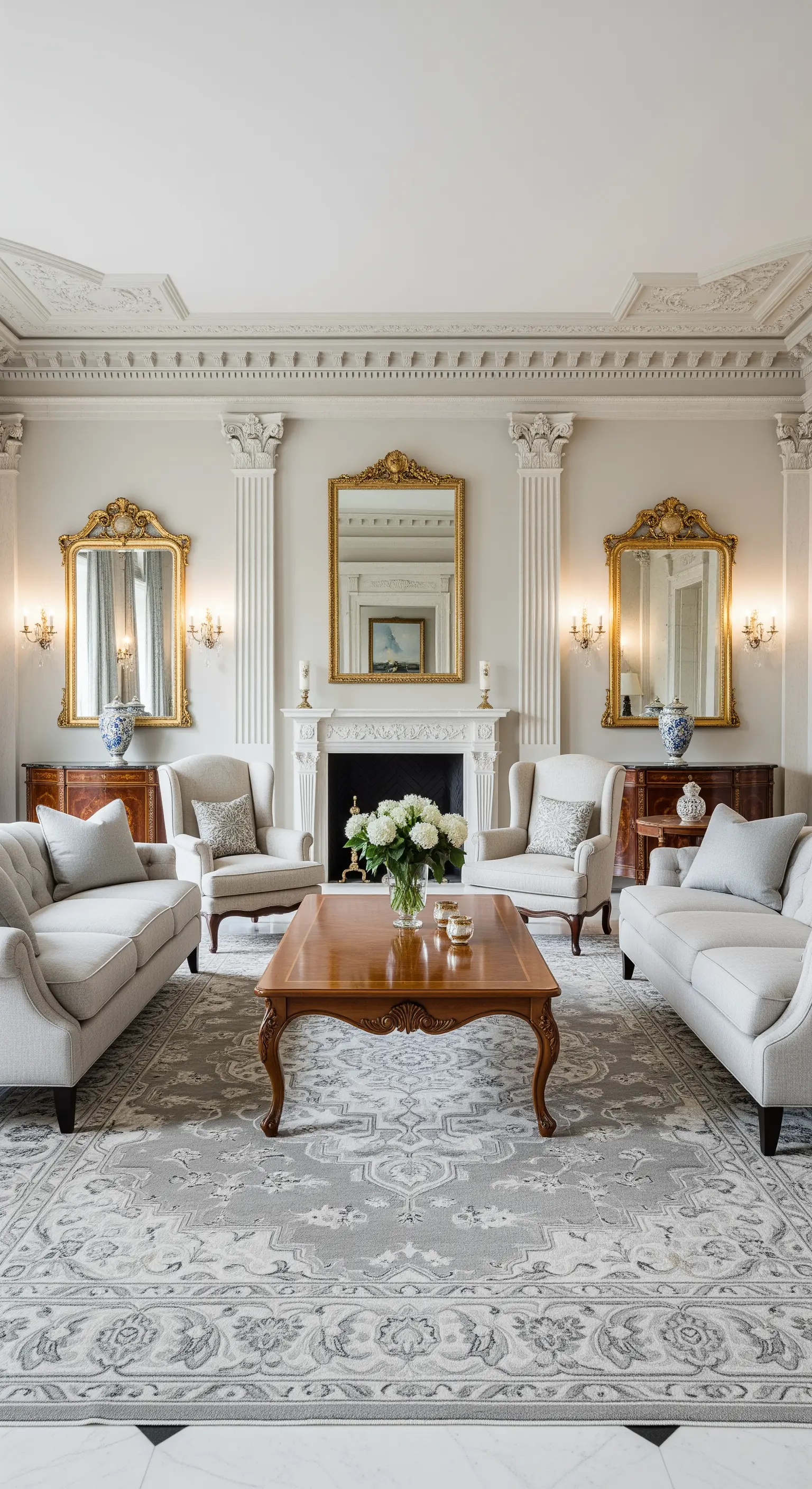 Symmetrisches neoklassisches Wohnzimmer mit goldenen Spiegeln und großem grauen Perserteppich.