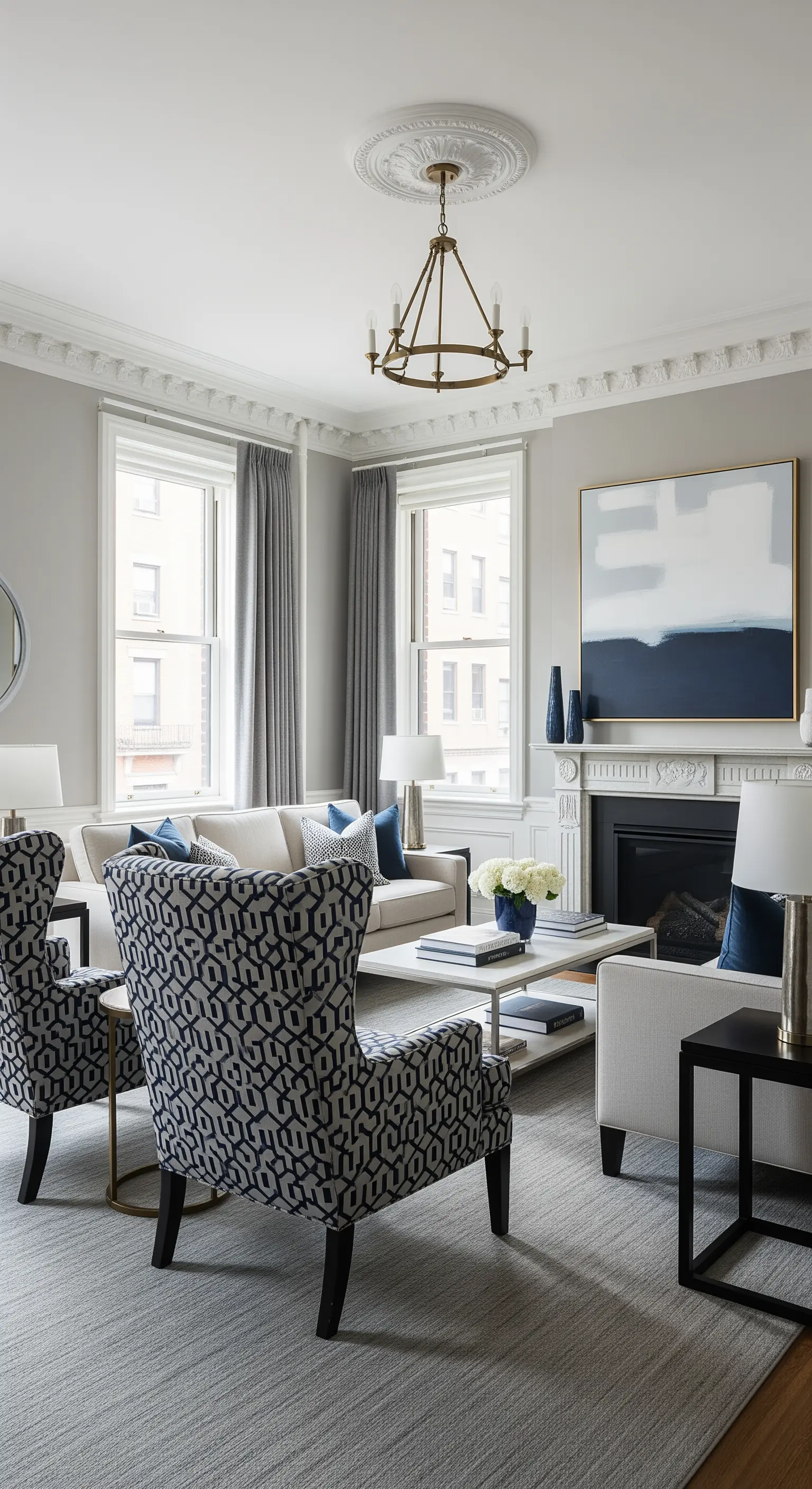 Elegantes Wohnzimmer in Grau und Blau mit symmetrischer Anordnung und moderner Kunst.