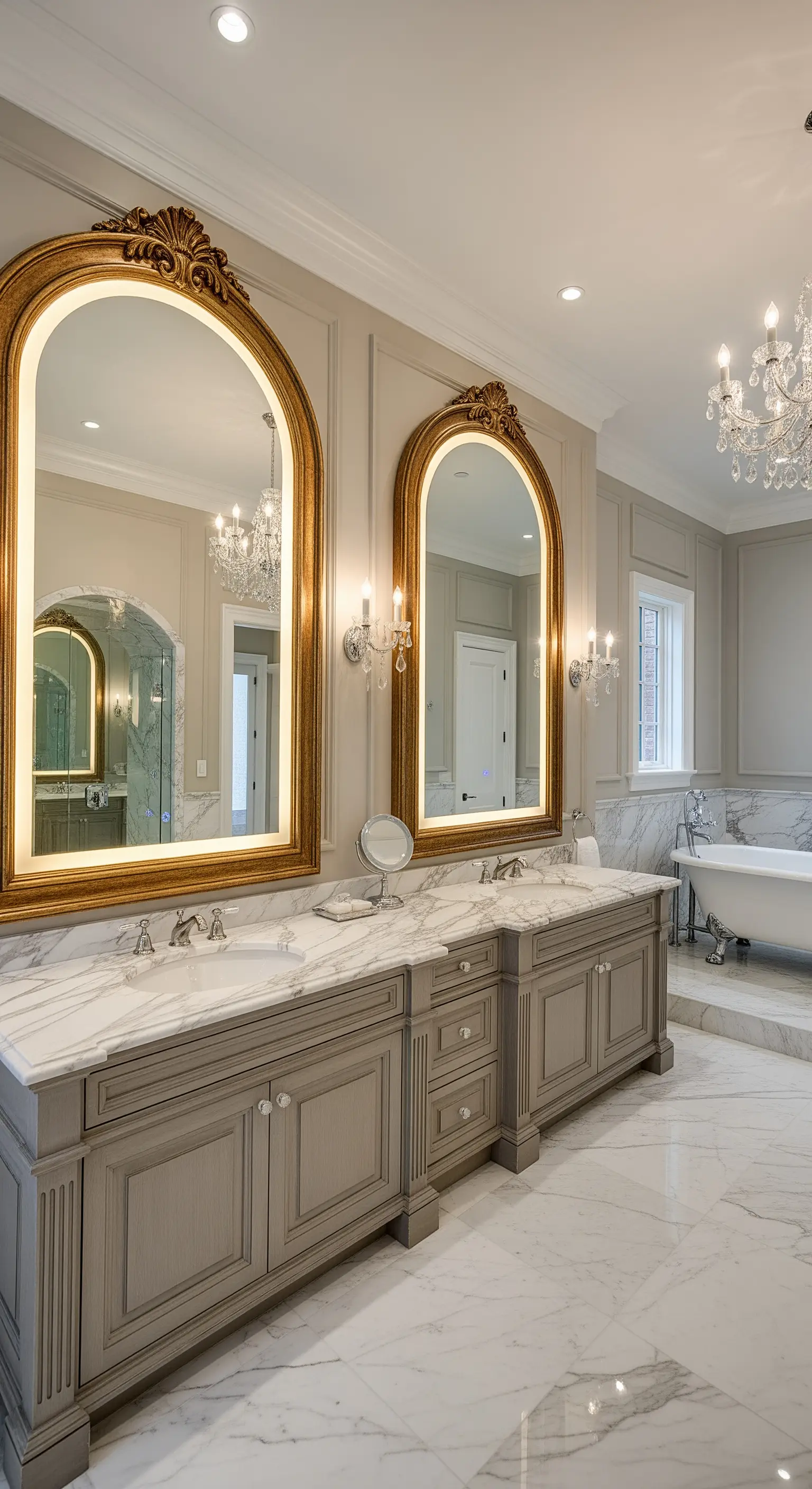 Zwei große, bogenförmige Spiegel mit Goldrahmen und LED-Licht in einem neoklassischen Bad.