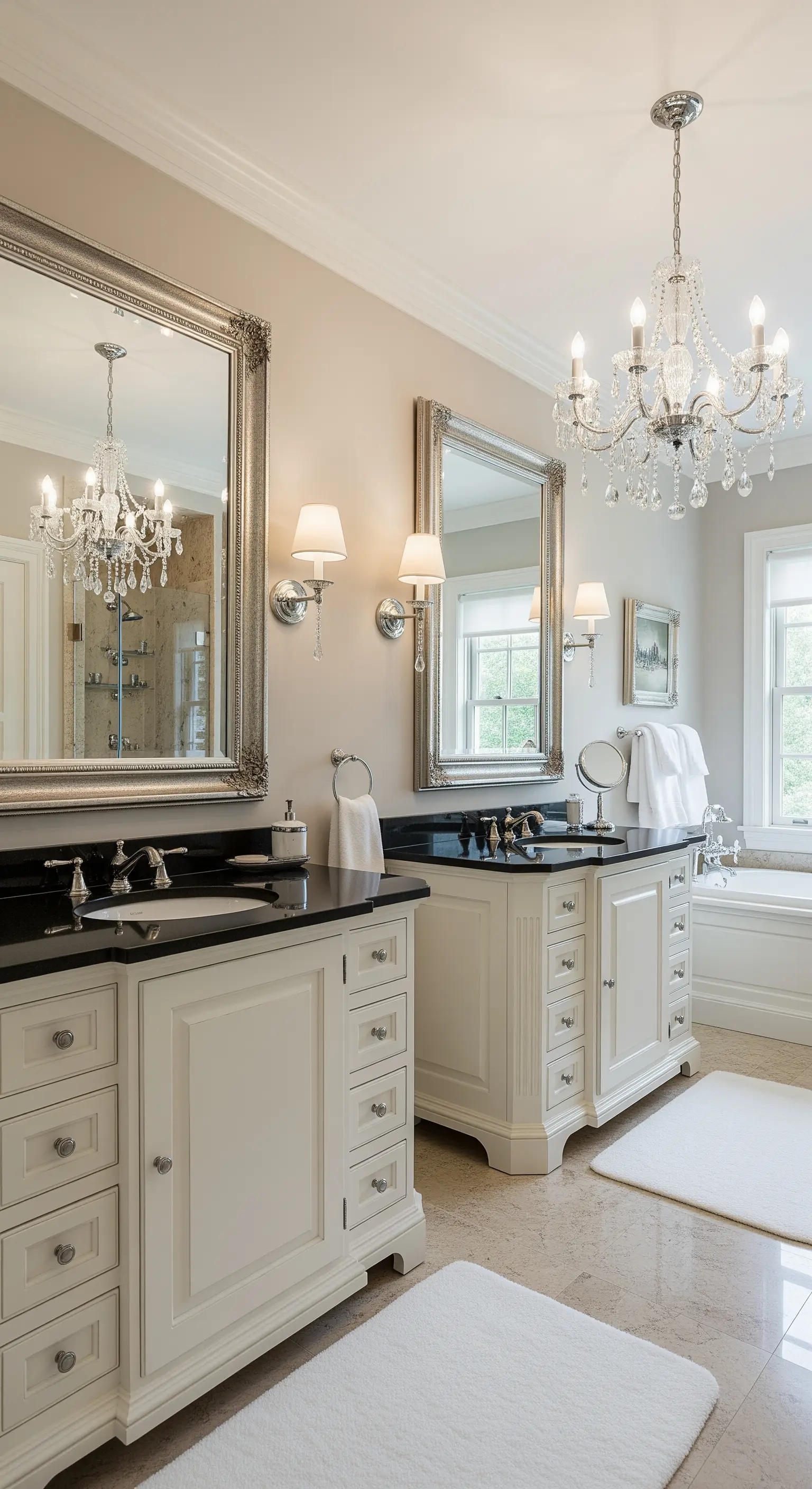 Luxuriöses Badezimmer mit zwei klassischen Waschtischen und Kristall-Kronleuchter.
