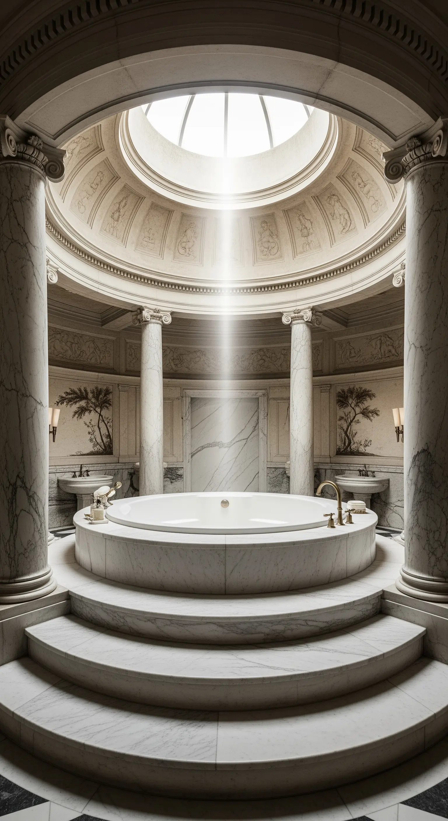 Runde Badewanne auf einem Marmor-Podest in einer neoklassischen Rotunde mit Säulen und Oberlicht