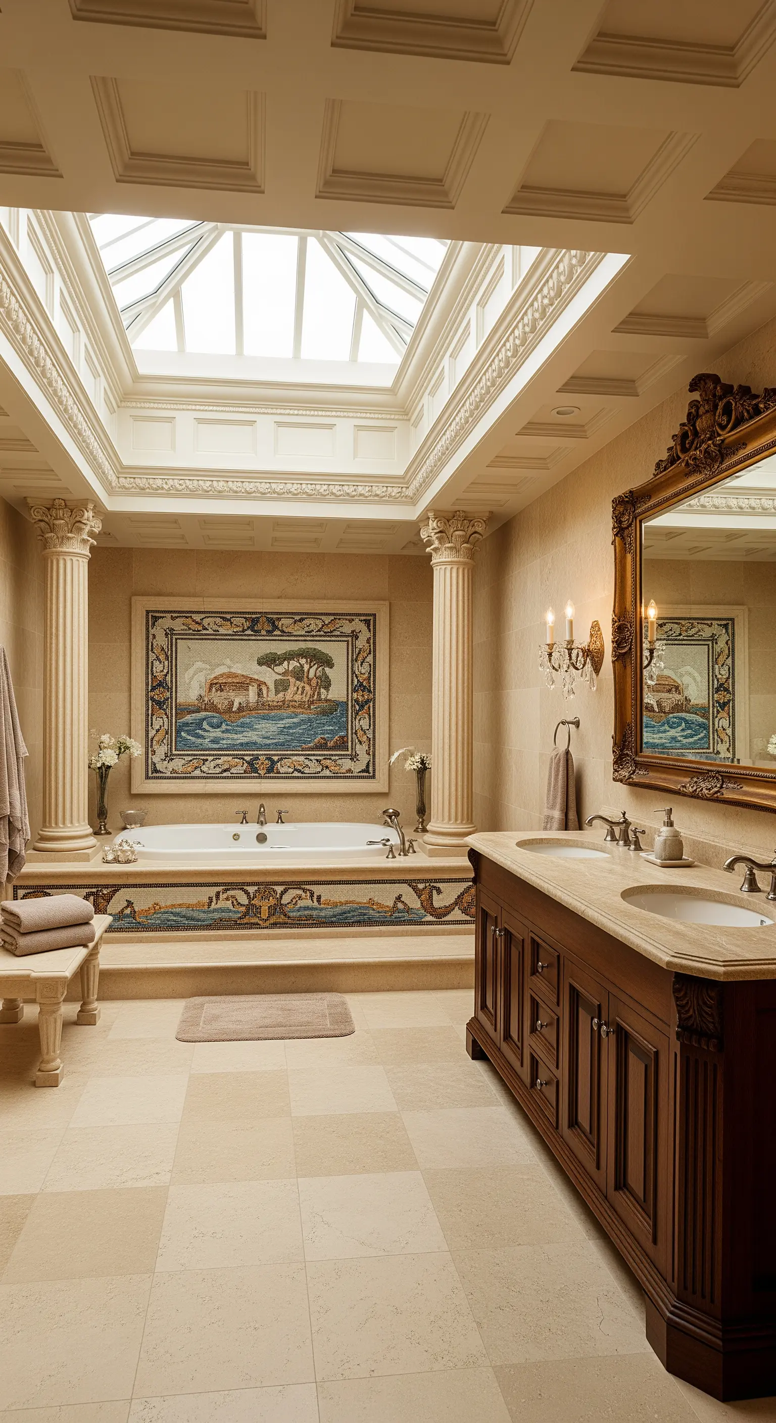 Opulentes Badezimmer im römischen Stil mit Säulen, Mosaik und großem Glasdach.