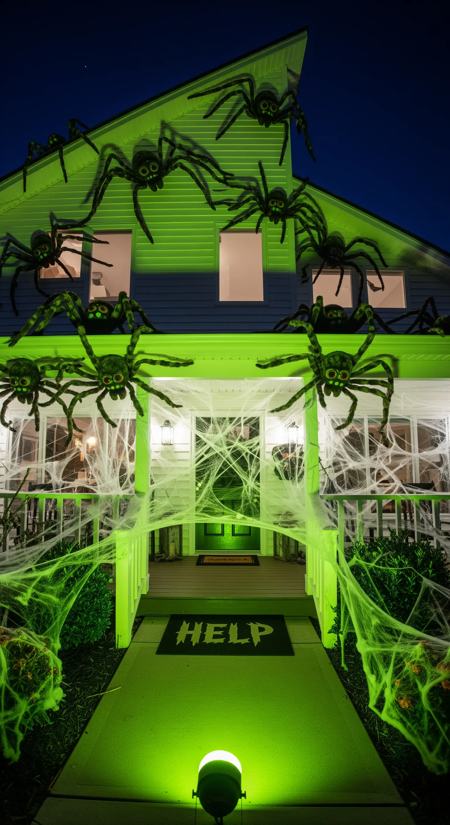 Hausfassade in leuchtendem Neongrün mit riesigen Spinnen und Spinnweben am Eingang.