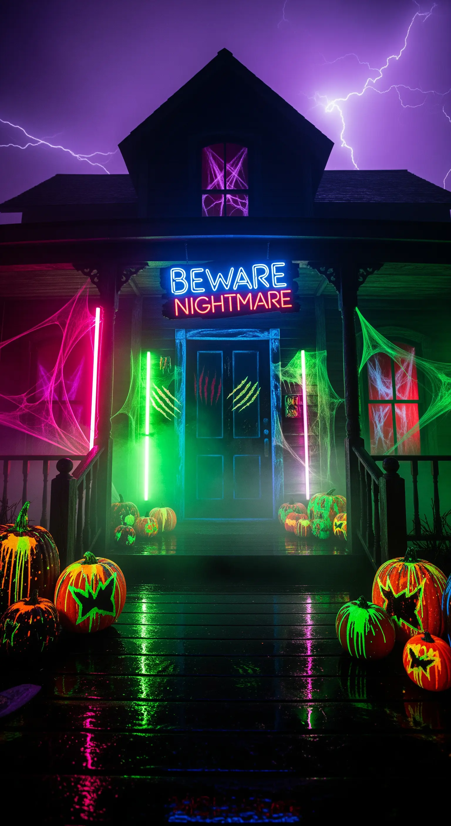Haus mit leuchtenden Neonlichtern in Pink und Grün, Kürbissen und einem 'BEWARE NIGHTMARE'-Schild.