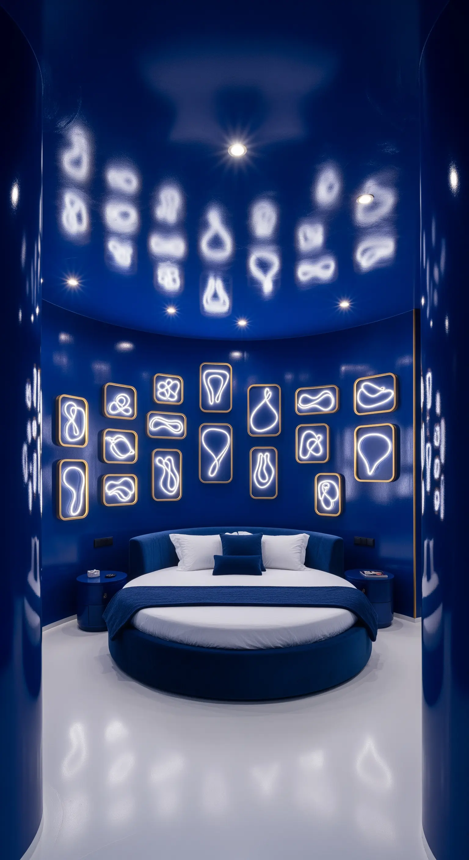 Futuristisches, rundes Schlafzimmer in Blau mit abstrakter Neonkunst in Goldrahmen.