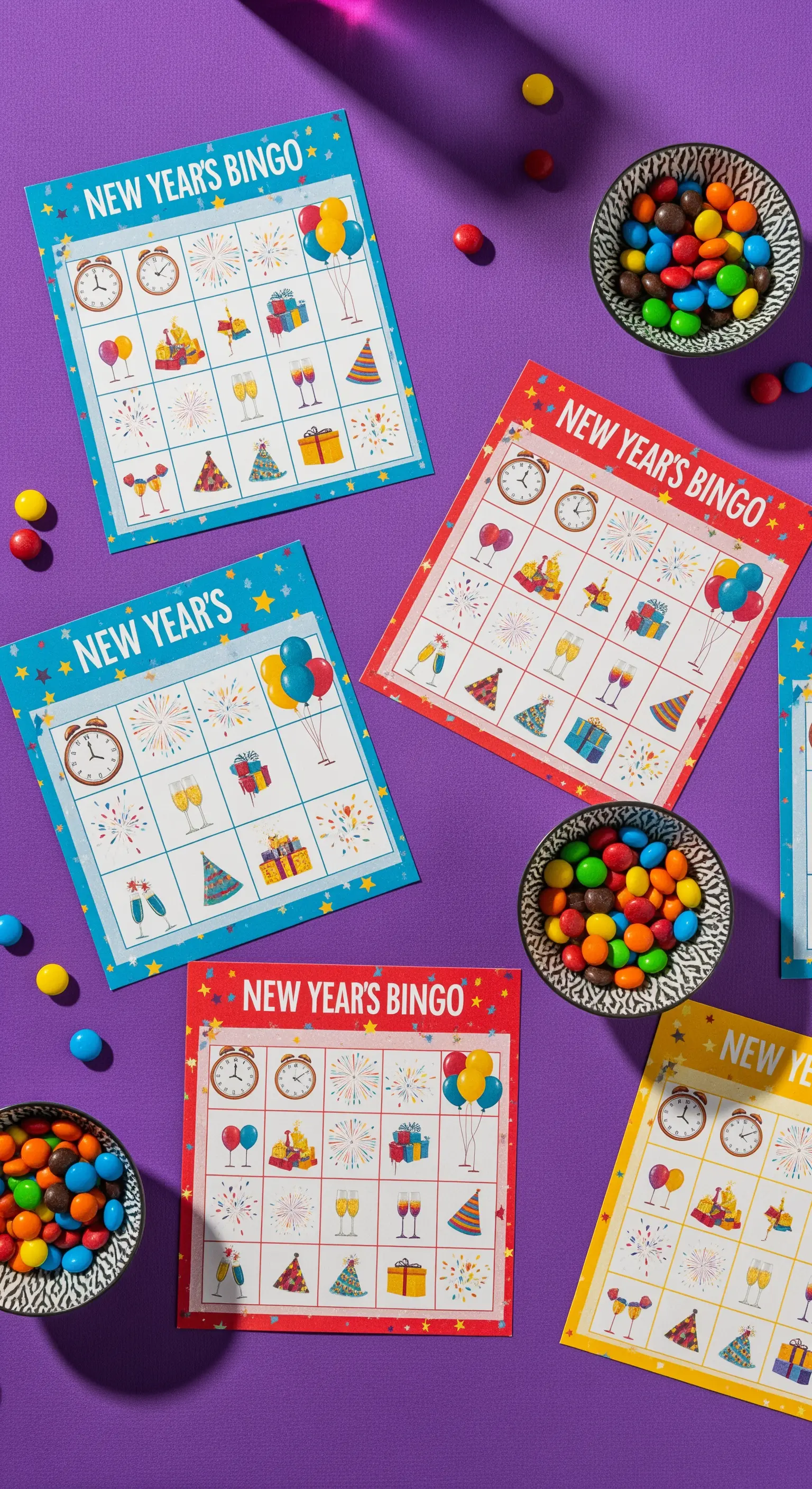 Bunte 'New Year's Bingo' Karten mit M&M's als Spielsteine.