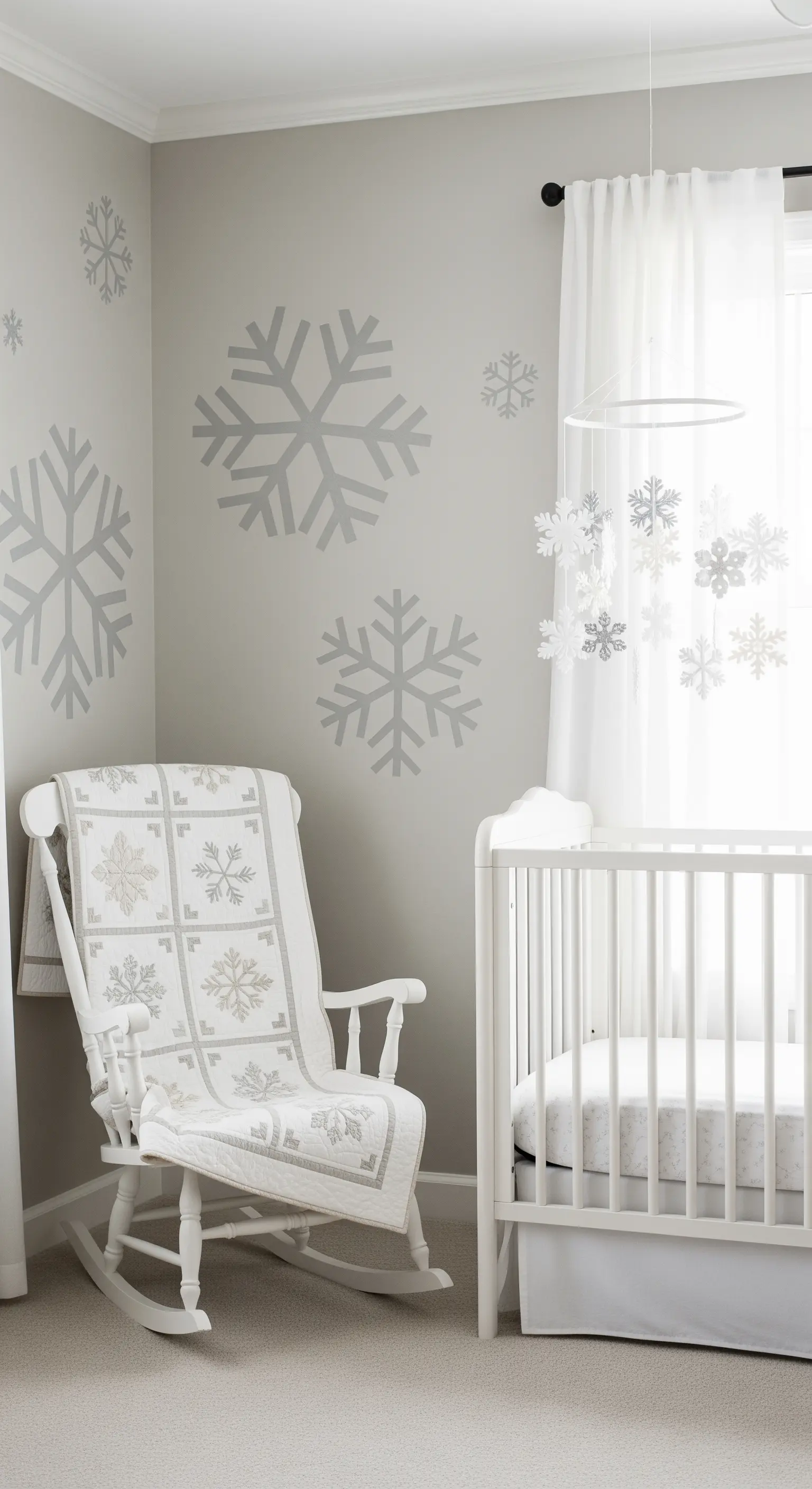 Kinderzimmer mit grauen Schneeflocken-Wandtattoos, weißem Gitterbett und Schneeflocken-Mobile