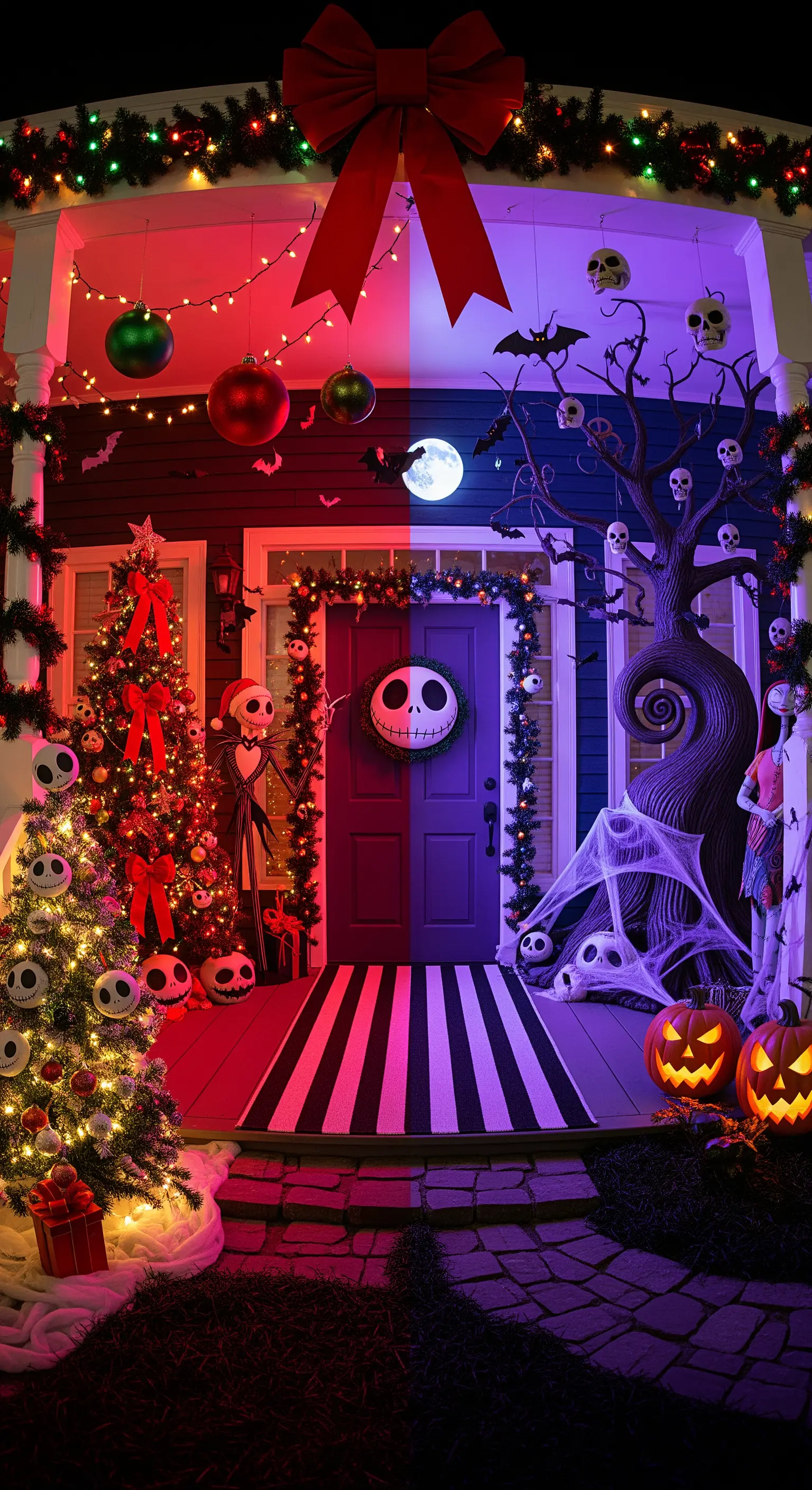 Eingang geteilt in Weihnachts- und Halloween-Deko mit Jack Skellington-Motiven und Lichterketten.