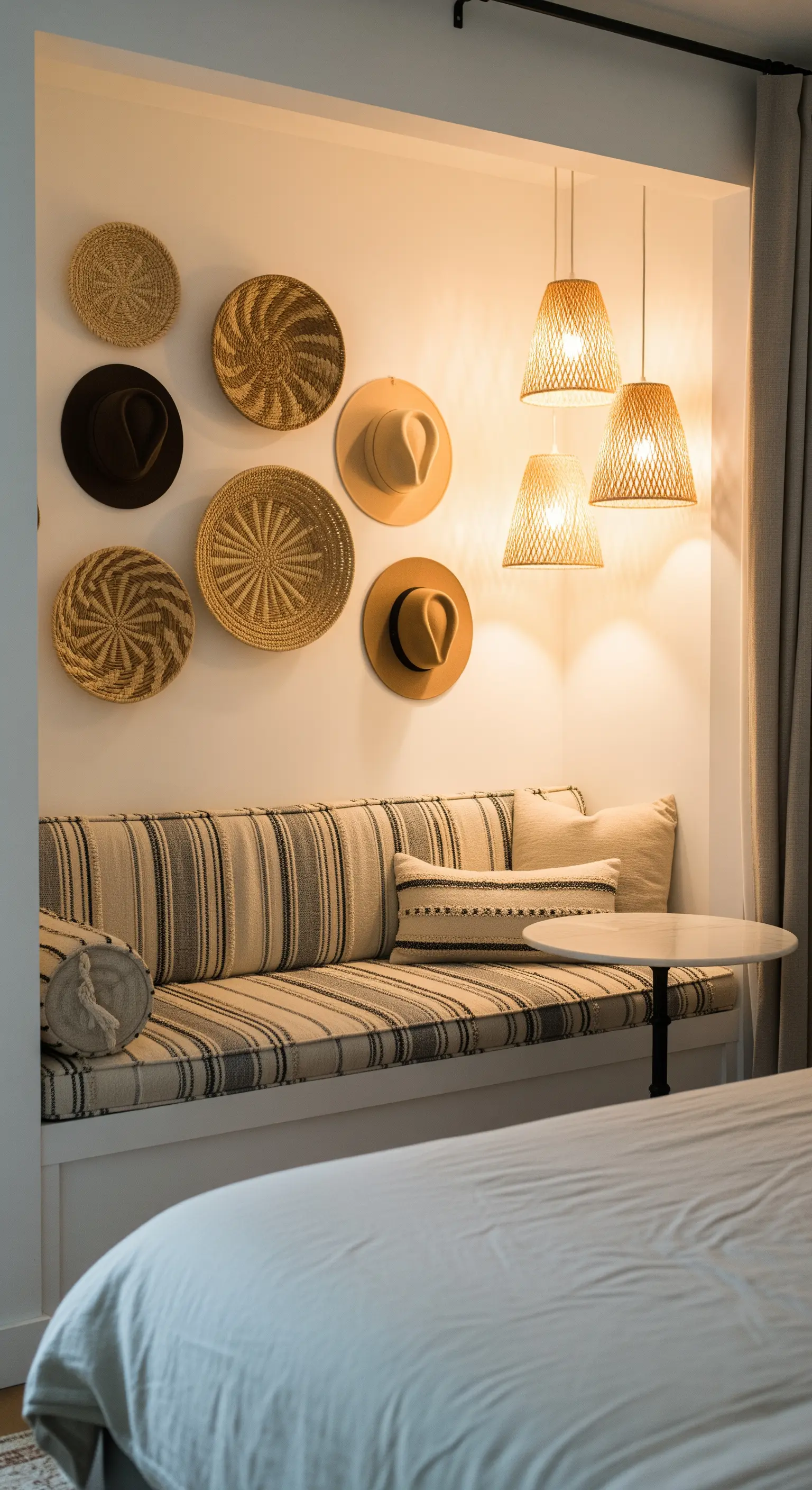 Eingebaute Sitznische mit gestreiften Polstern, Korbwanddeko und Rattan-Pendelleuchten
