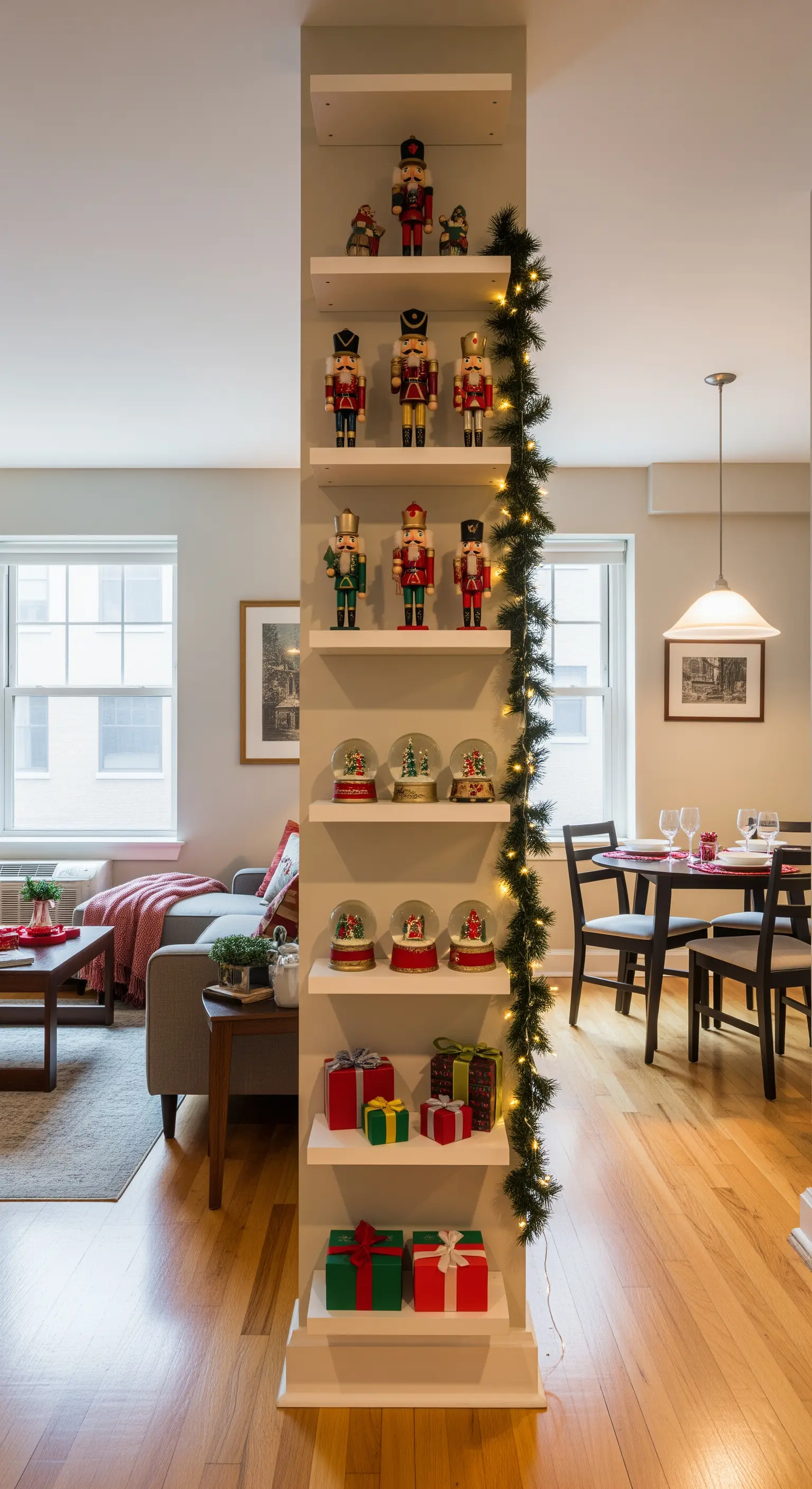 Schlanke Regalwand mit Nussknackern, Schneekugeln, Geschenken und Lichtergirlande.