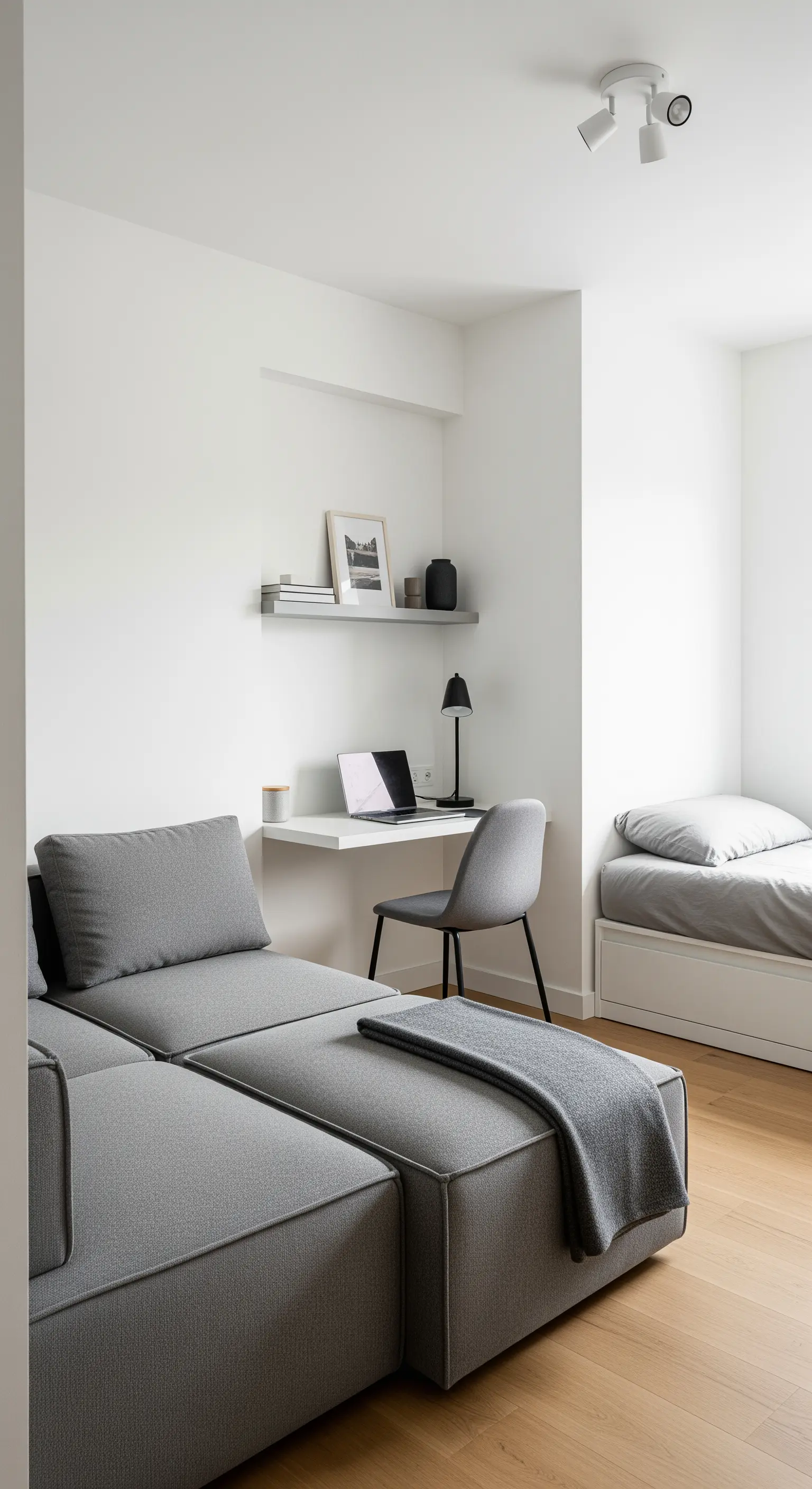 Kompakter Arbeitsplatz und Bett in Wandnischen eines minimalistischen Studios