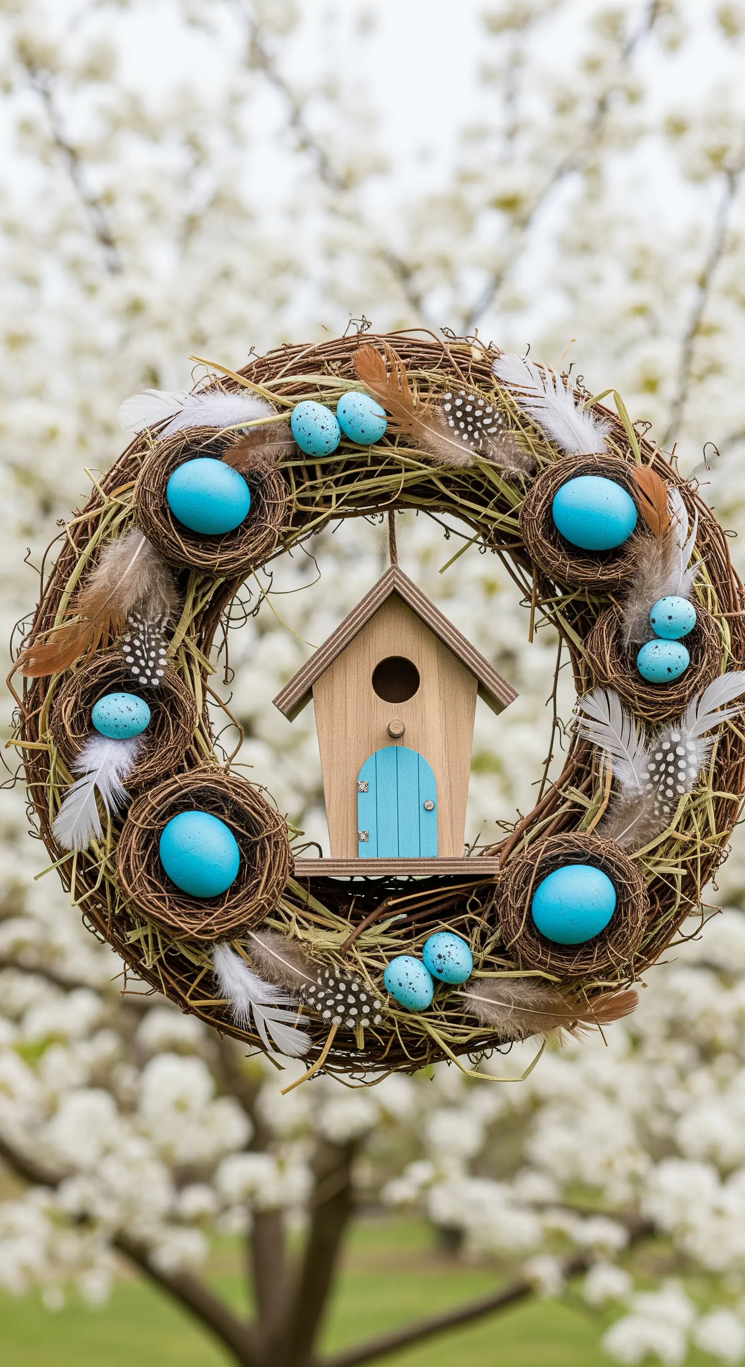 Kranz aus Ästen mit einem Vogelhaus, kleinen Nestern, blauen Eiern und Federn.