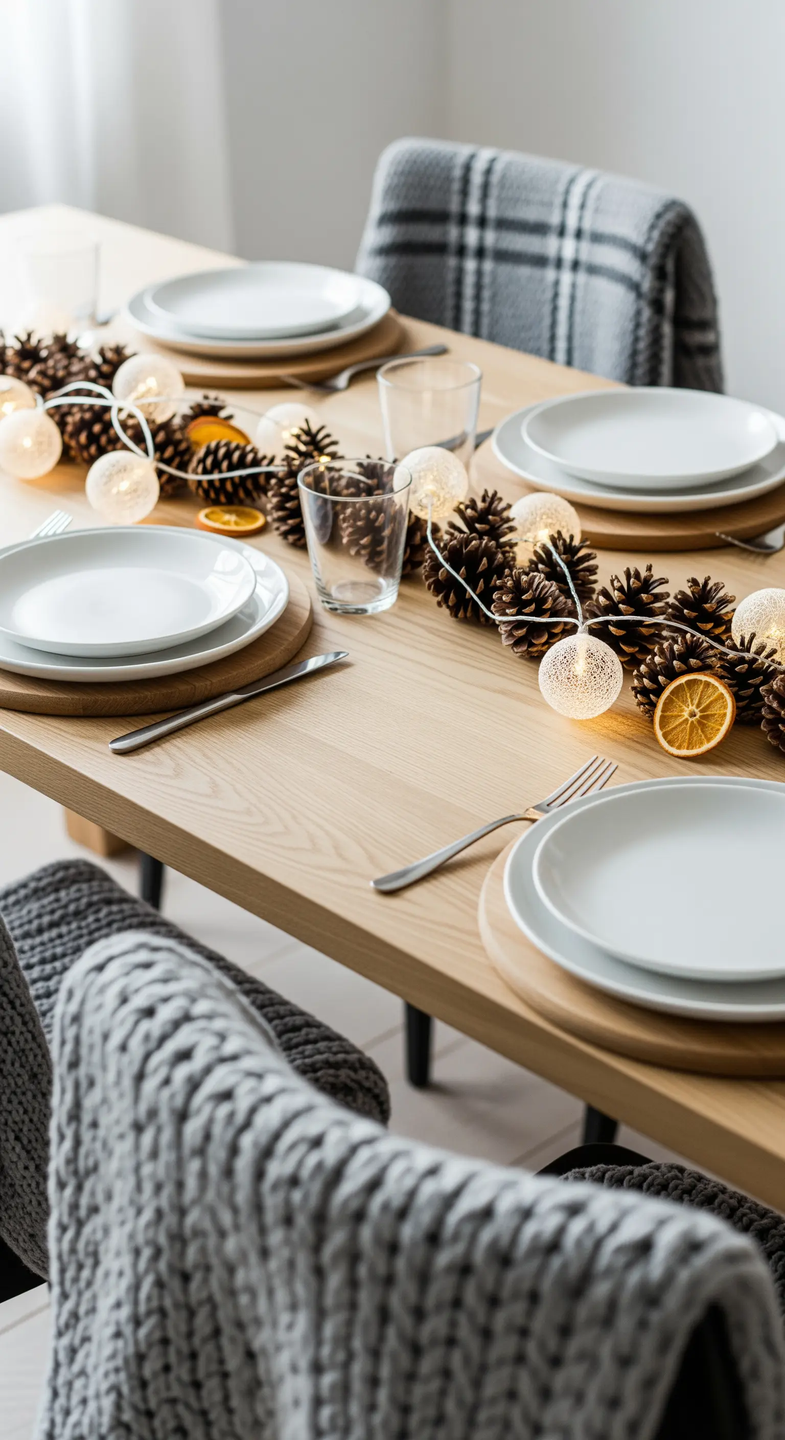 Skandinavische Herbsttafel, Kiefernzapfen-Lichterkette, getrocknete Orangen, graue Plaids.