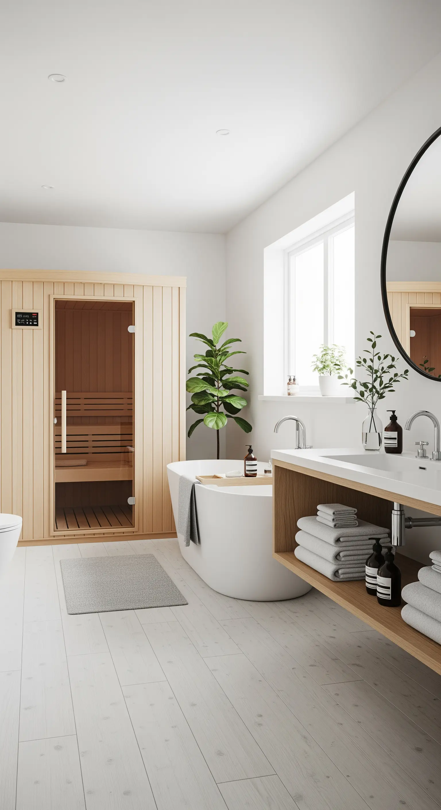 Helles Badezimmer im skandinavischen Stil mit einer Holzsauna und grünen Pflanzen