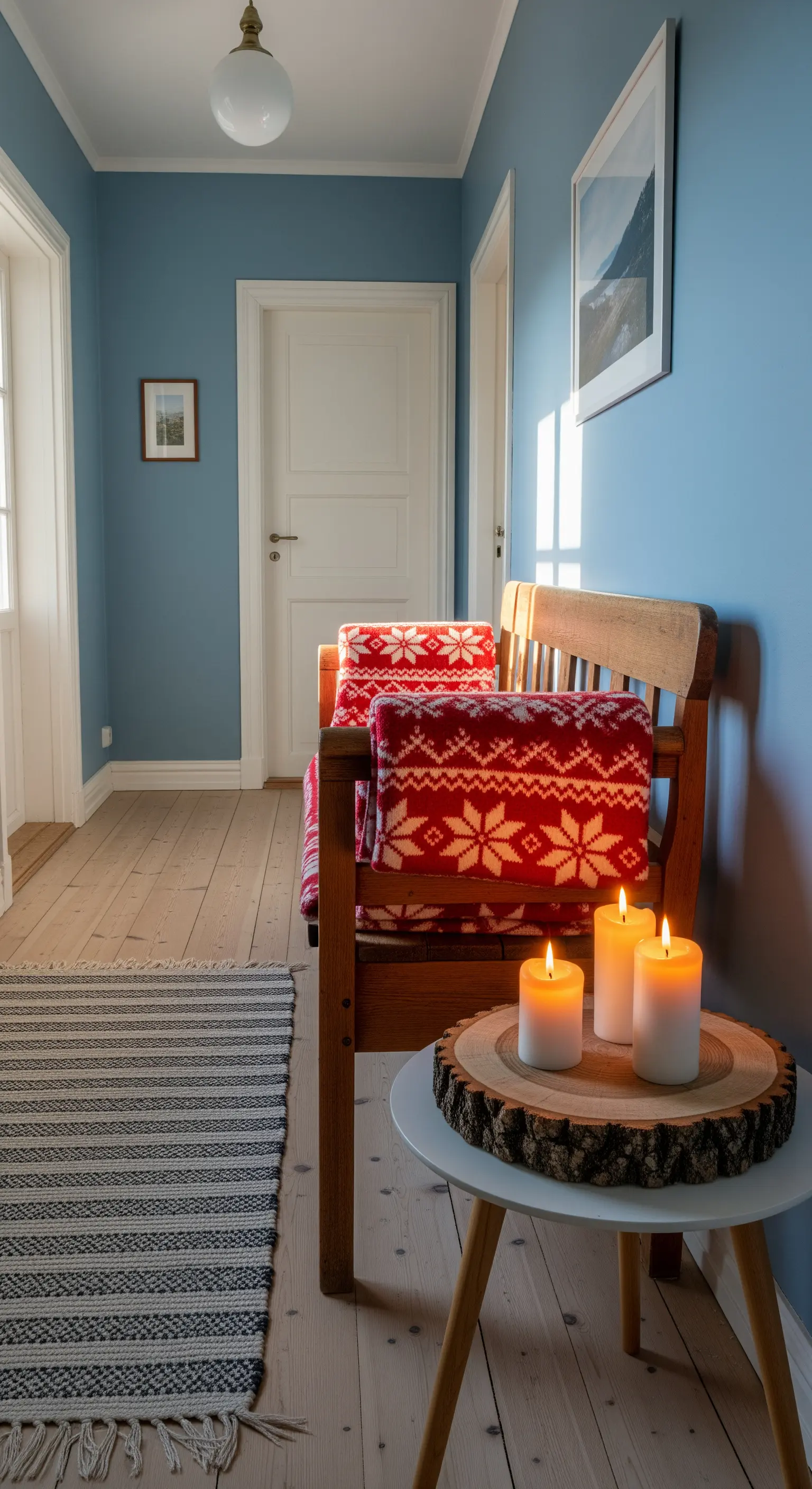 Holzbank mit roten Mustertücher, Baumscheibentisch mit Kerzen, blaue Wand