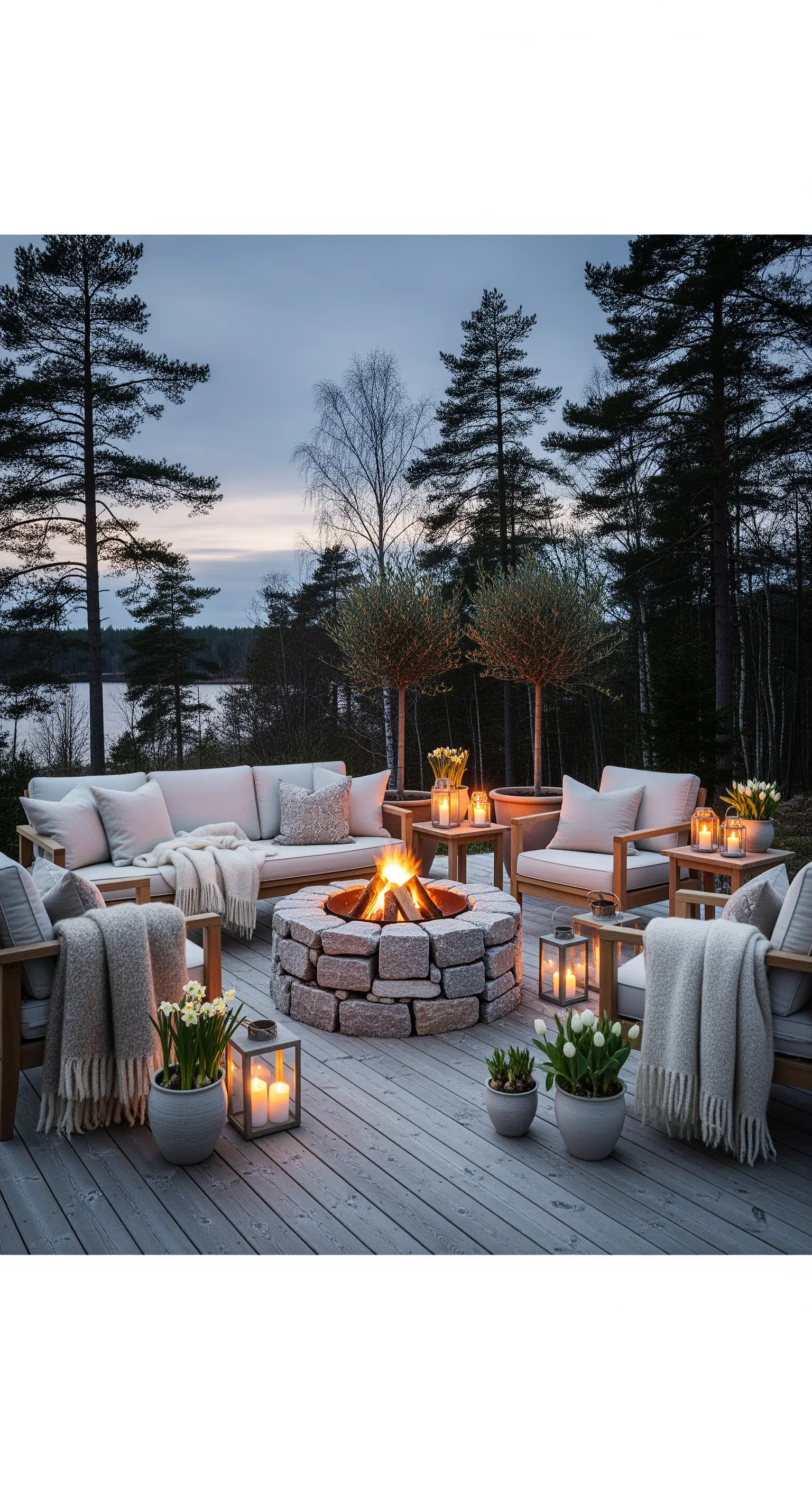 Terrasse mit Lounge-Möbeln, Feuerstelle, Laternen und Frühlingsblumen