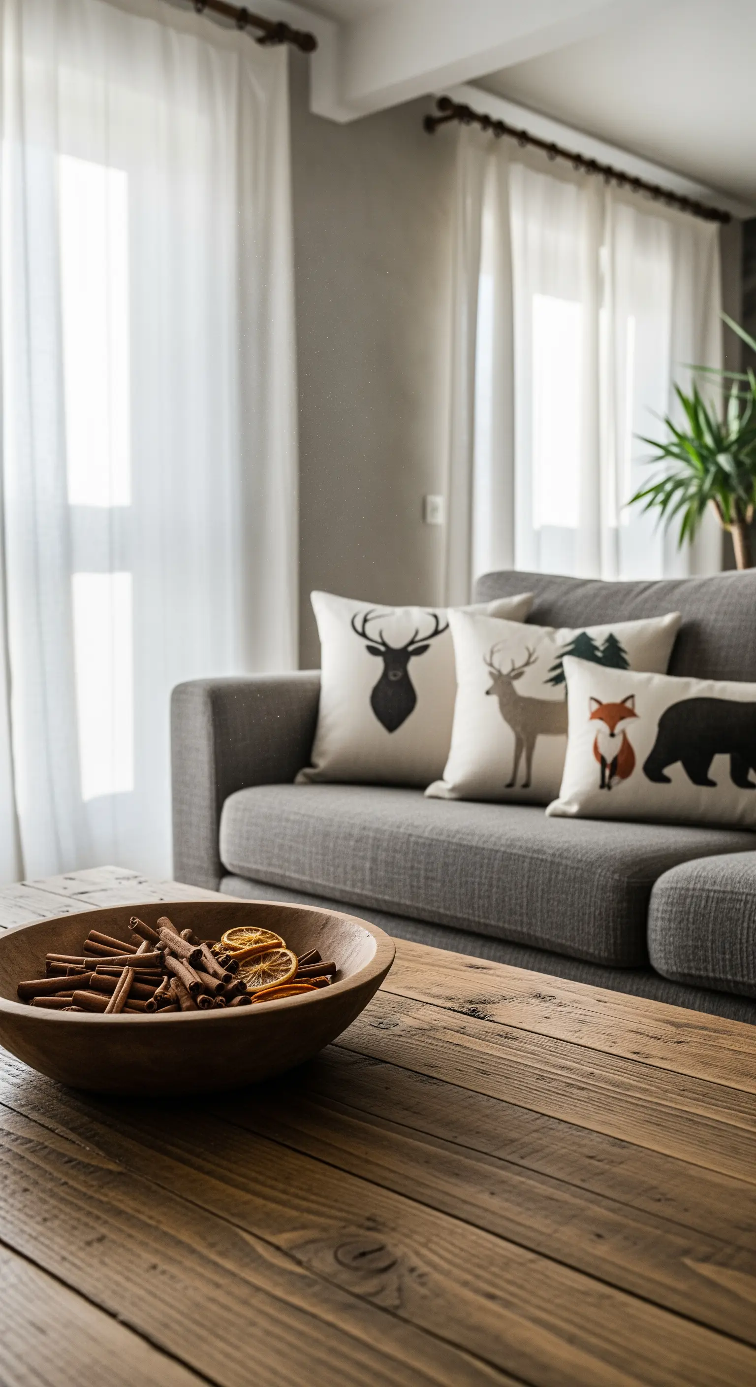 Nordisches Wohnzimmer mit grauem Sofa, Tiermotiven auf Kissen und Holztisch mit Zimt und Orange.