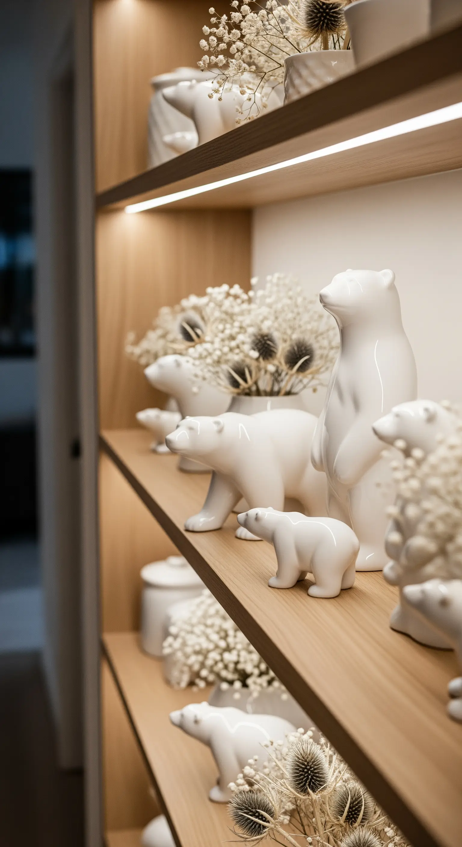 Holzregale mit weißen Keramik-Eisbären und getrockneten Blüten.