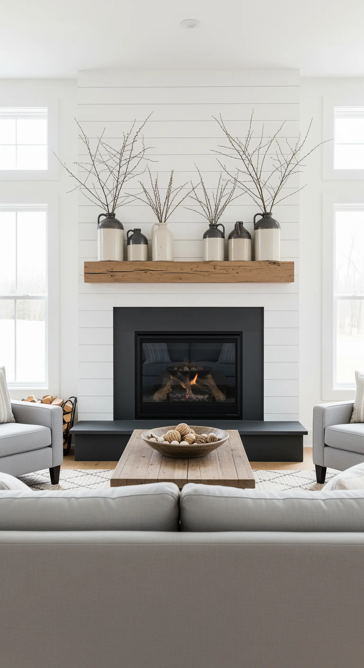 Keramikvasen mit kahlen Zweigen auf weißem Shiplap-Kamin