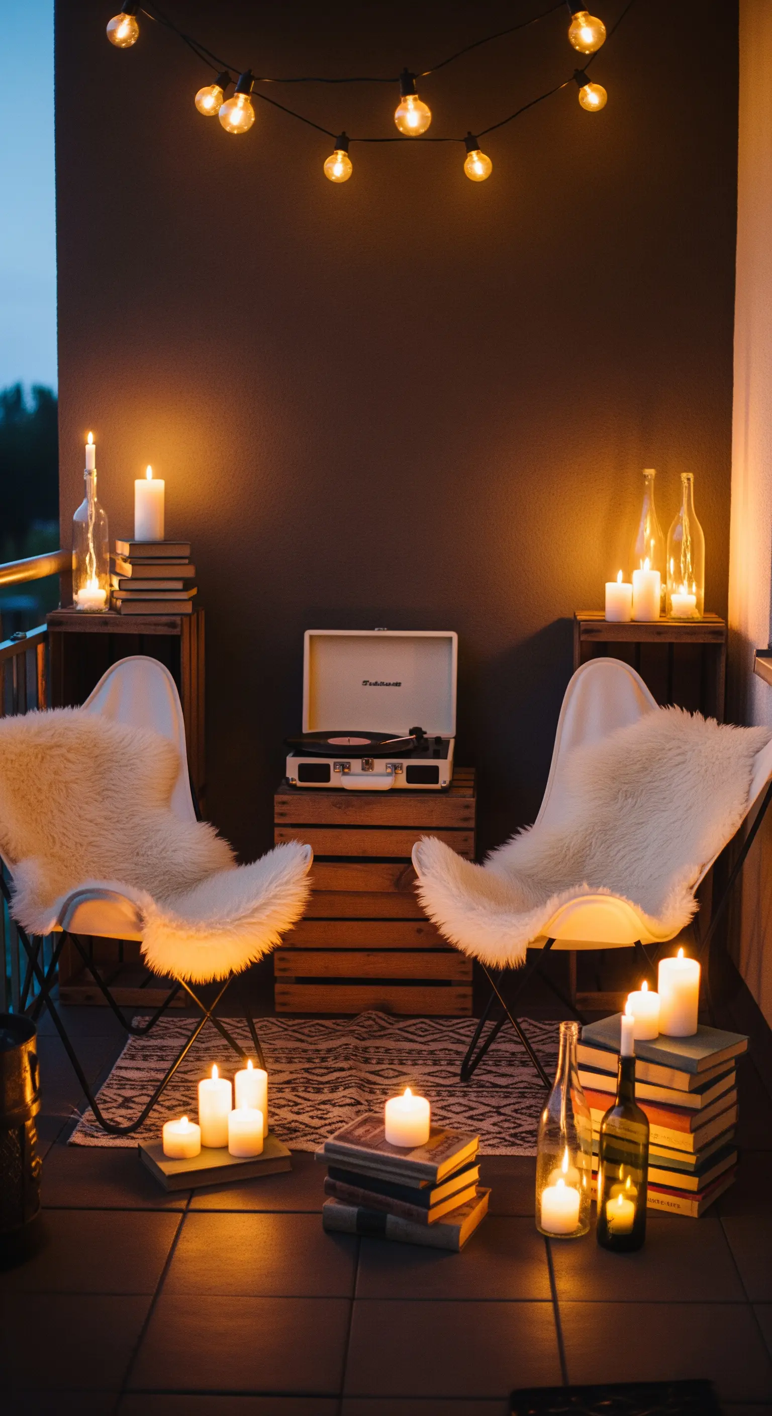 Retro-Balkon mit Butterfly-Sesseln, Plattenspieler und Kerzen auf Büchern