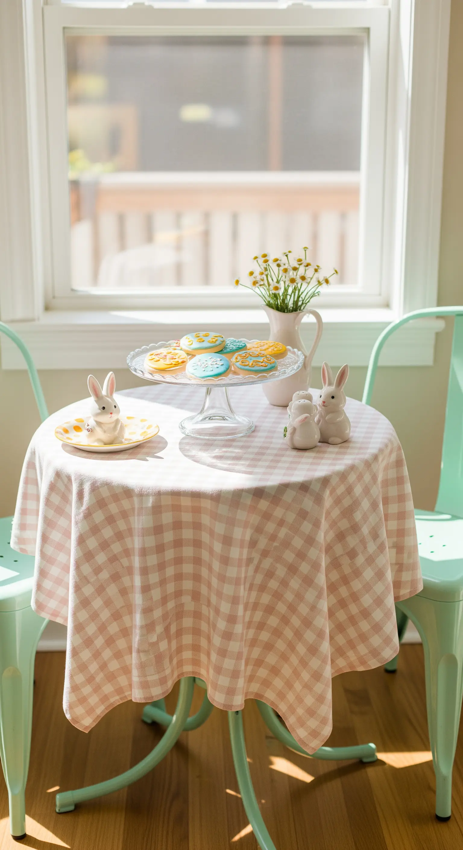 Gemütliche Oster-Kaffeeecke mit Vichy-Karo-Tischdecke und pastellfarbenen Stühlen.