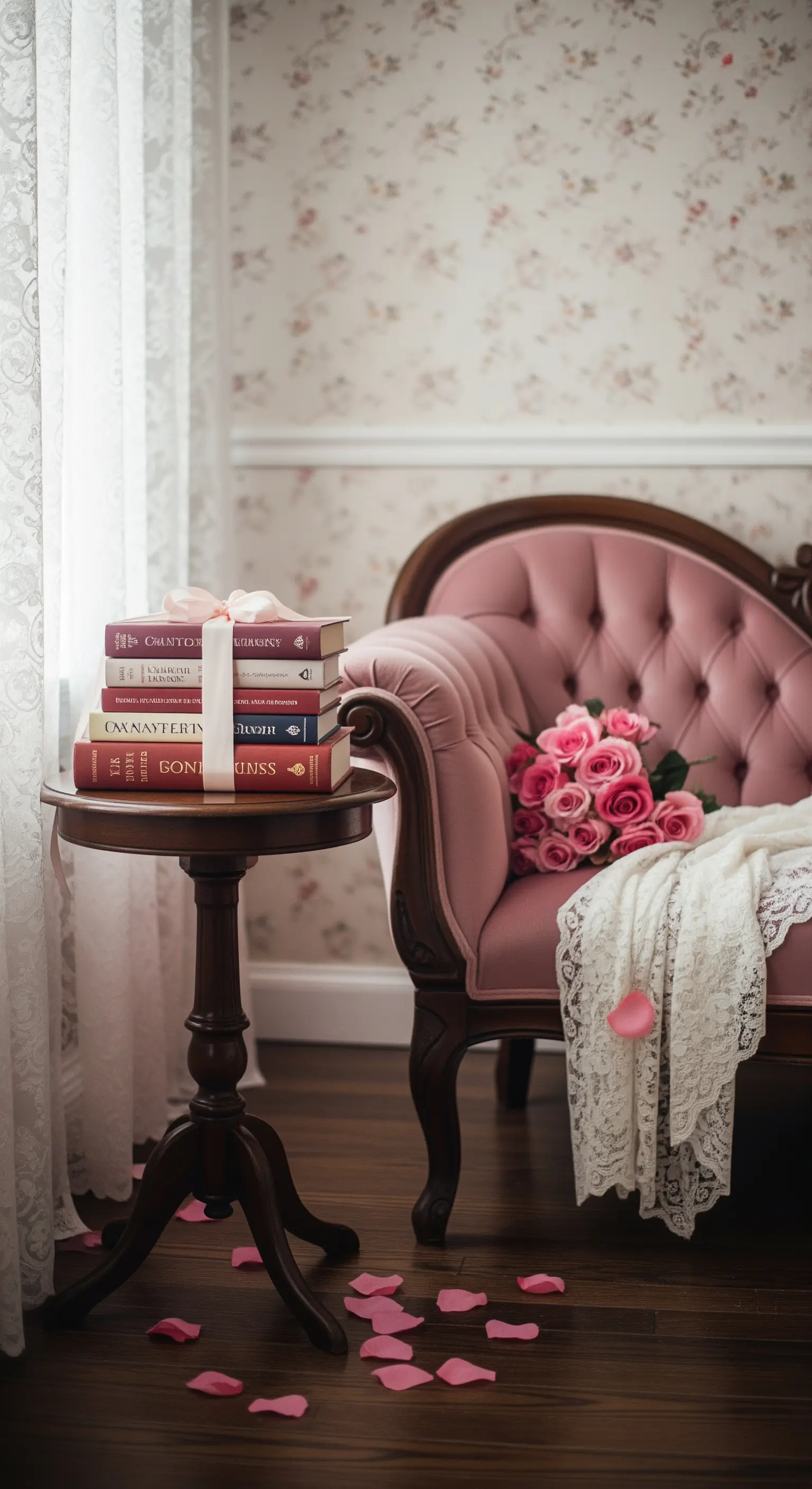 Vintage-Sessel in Rosa mit Rosen, einem Spitzenschal und einem Stapel Bücher.