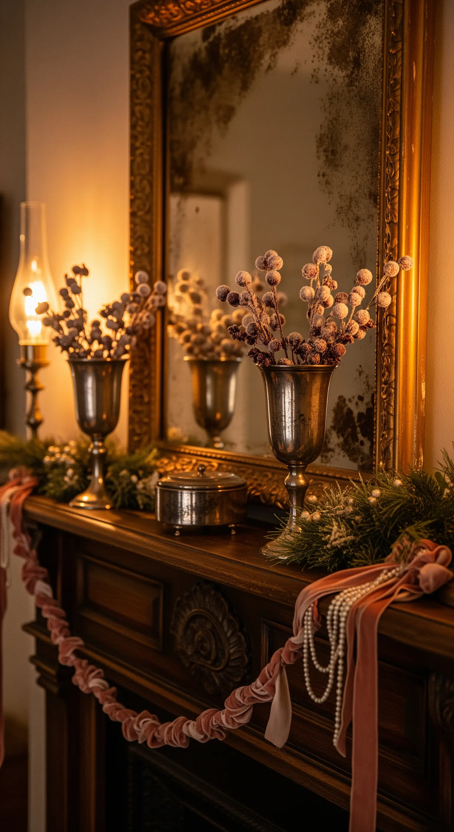 Vintage-Kamin-Deko mit Samtband, Perlenkette und antiken Silberbechern.