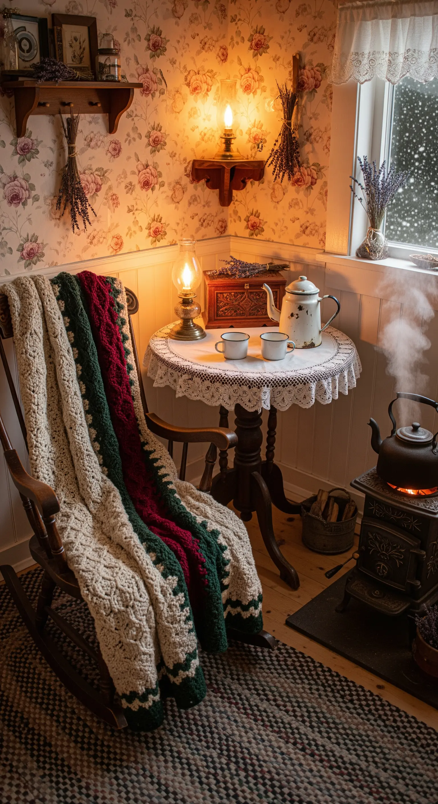 Schaukelstuhl mit Decke, Tisch mit Teekanne, Ofen und Petroleumlampe