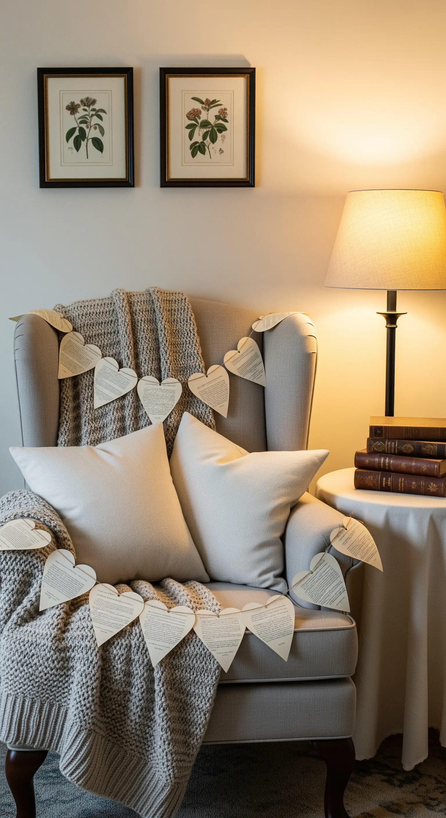 Buchseiten-Herz-Girlande, Vintage-Sessel, Leseecke, Upcycling