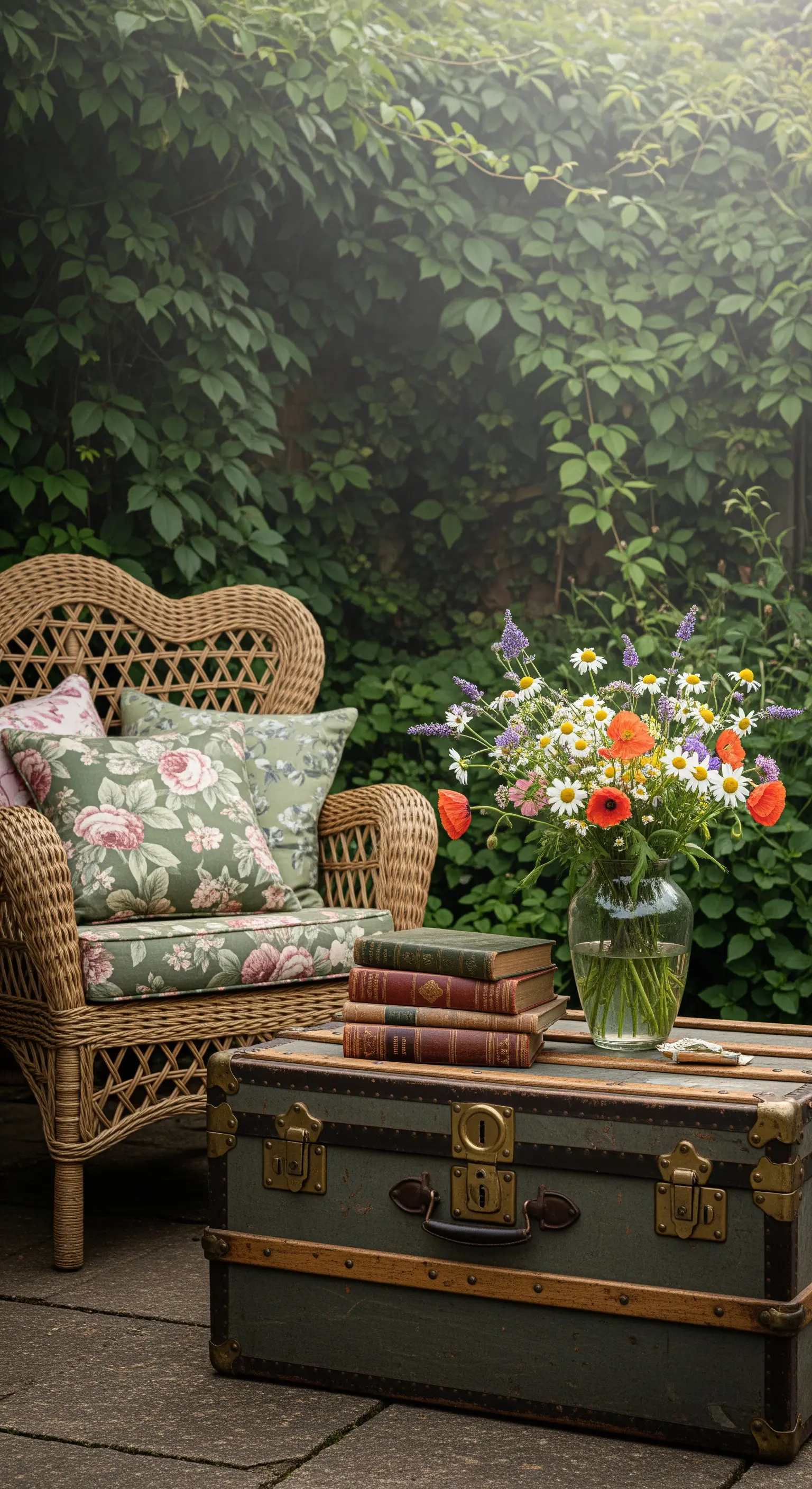 Korbsessel mit floralen Kissen und einem Vintage-Reisekoffer als Tisch mit Büchern und Wildblumen.