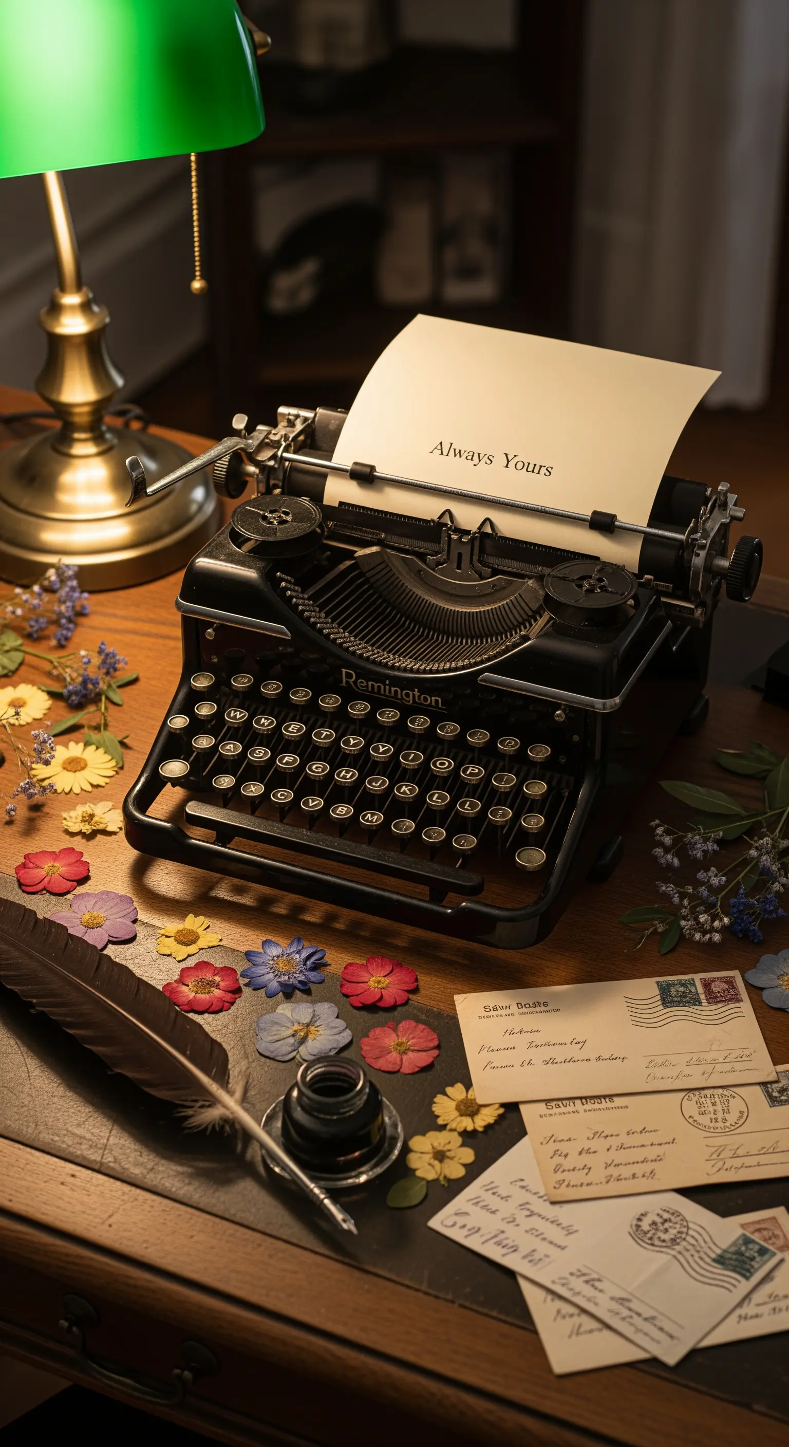 Vintage Schreibmaschine, gepresste Blumen, Liebesbriefe, Federhalter, Banker-Lampe