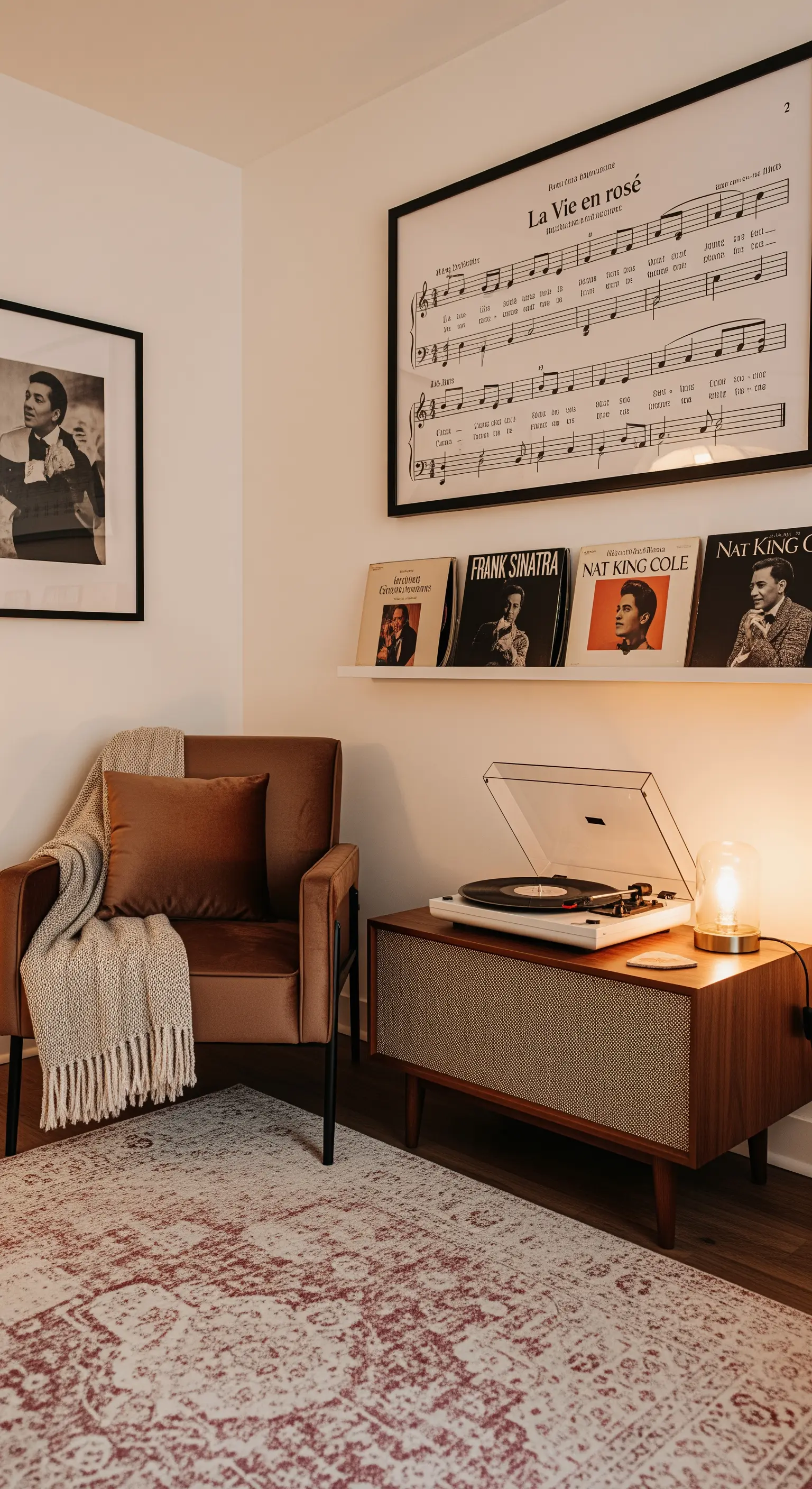 Eine gemütliche Ecke mit einem Plattenspieler, Schallplatten und einem braunen Samtsessel.