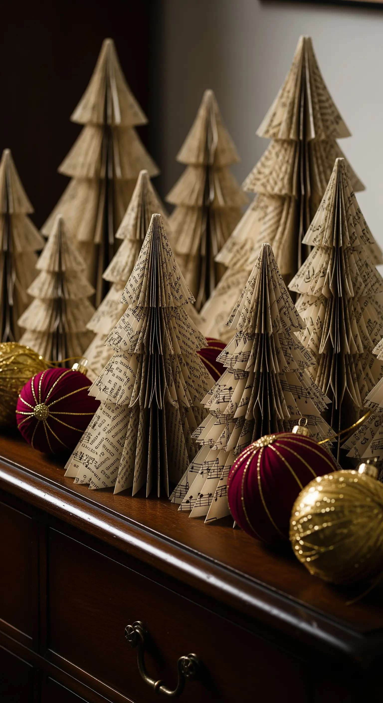 Weihnachtsbäume aus Notenpapier, Samt- und Goldkugeln auf Holzkommode