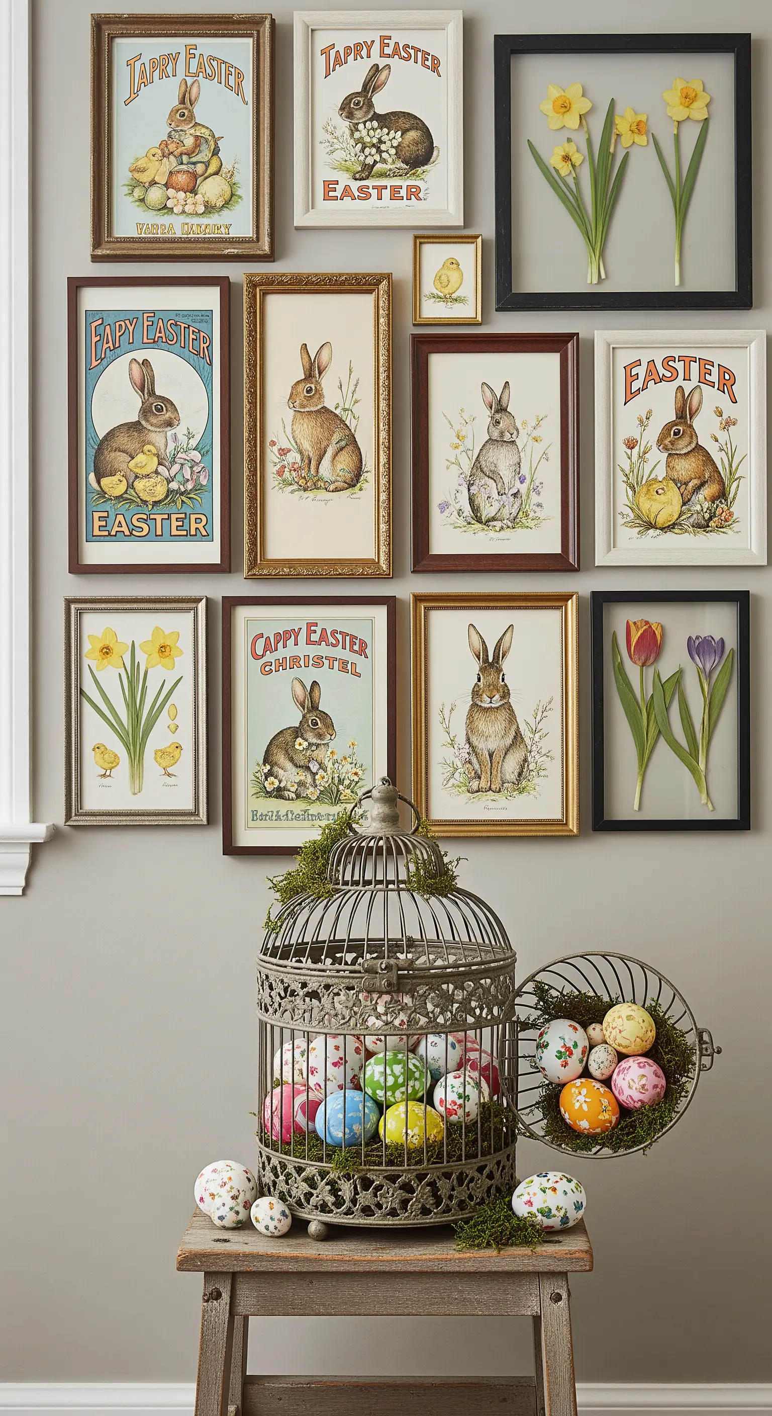 Oster-Galeriewand mit Vintage-Bildern, Blumen und Eier-Vogelkäfig