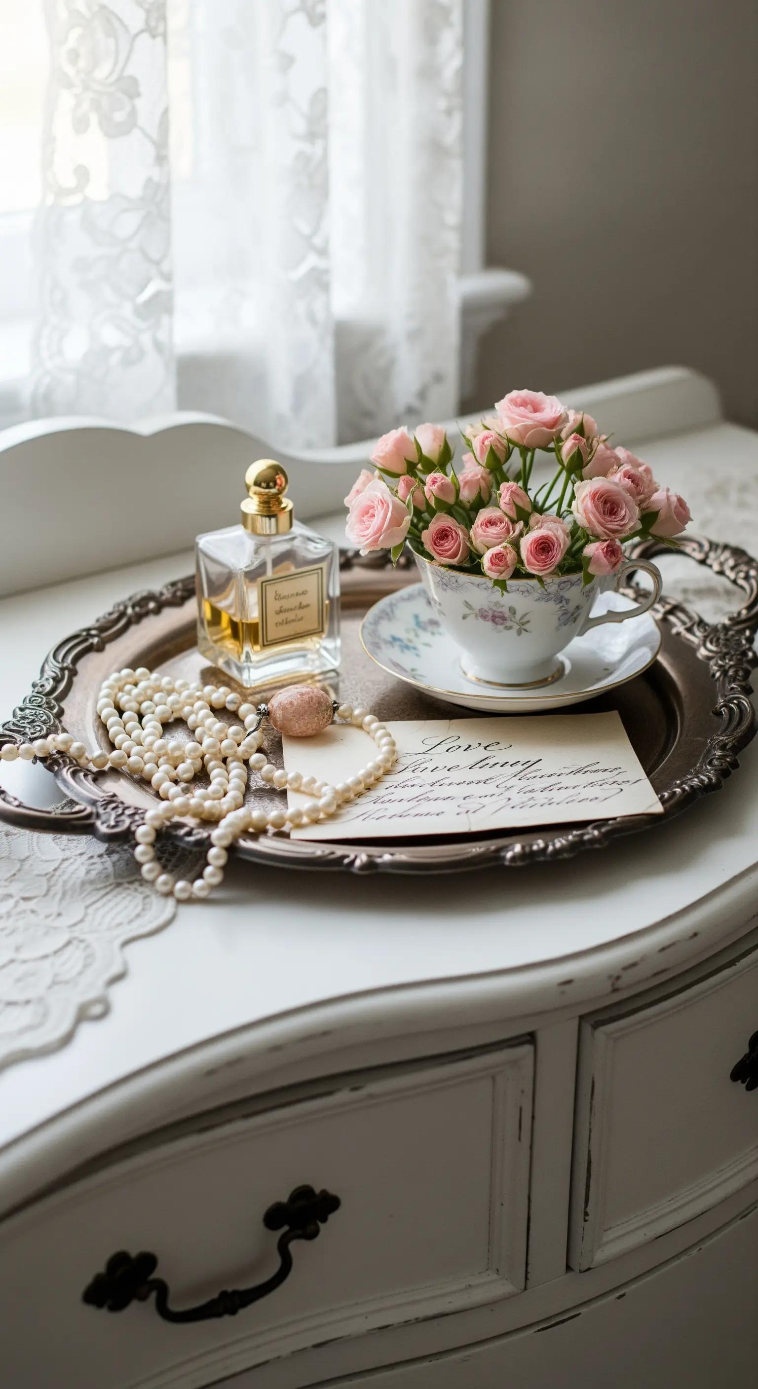 Vintage-Schminktisch mit Silbertablett, Perlen, Parfum und rosa Röschen in einer Teetasse.