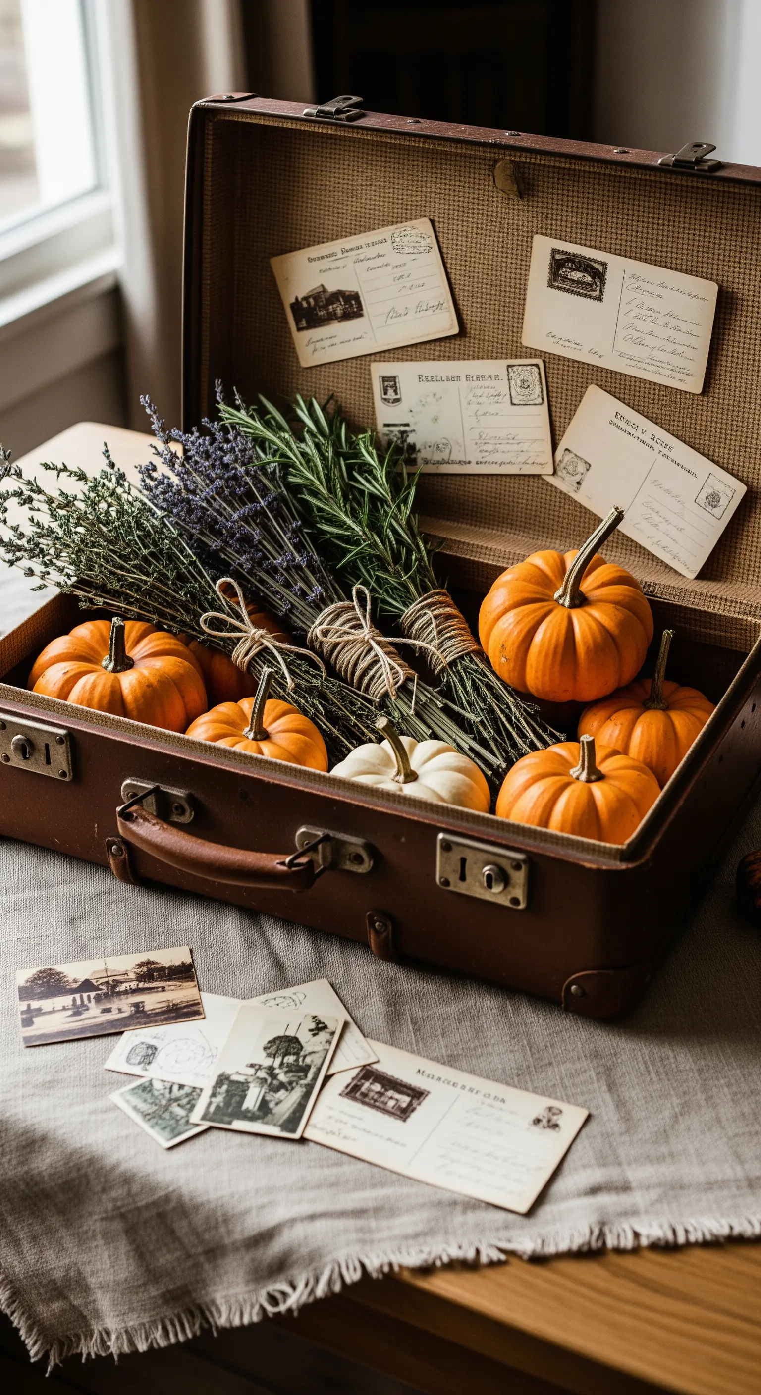Vintage-Koffer, Mini-Kürbisse, Lavendel, Rosmarin, Postkarten für nostalgische Herbst-Deko.
